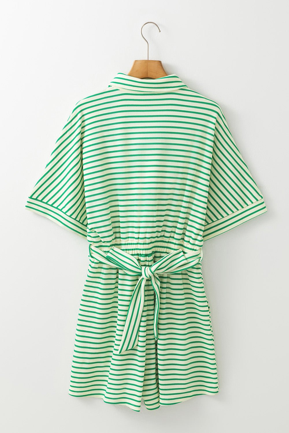 Stripe Short Sleeve Buttoned Collar Belted Romper - Rooted & Reckless Co.