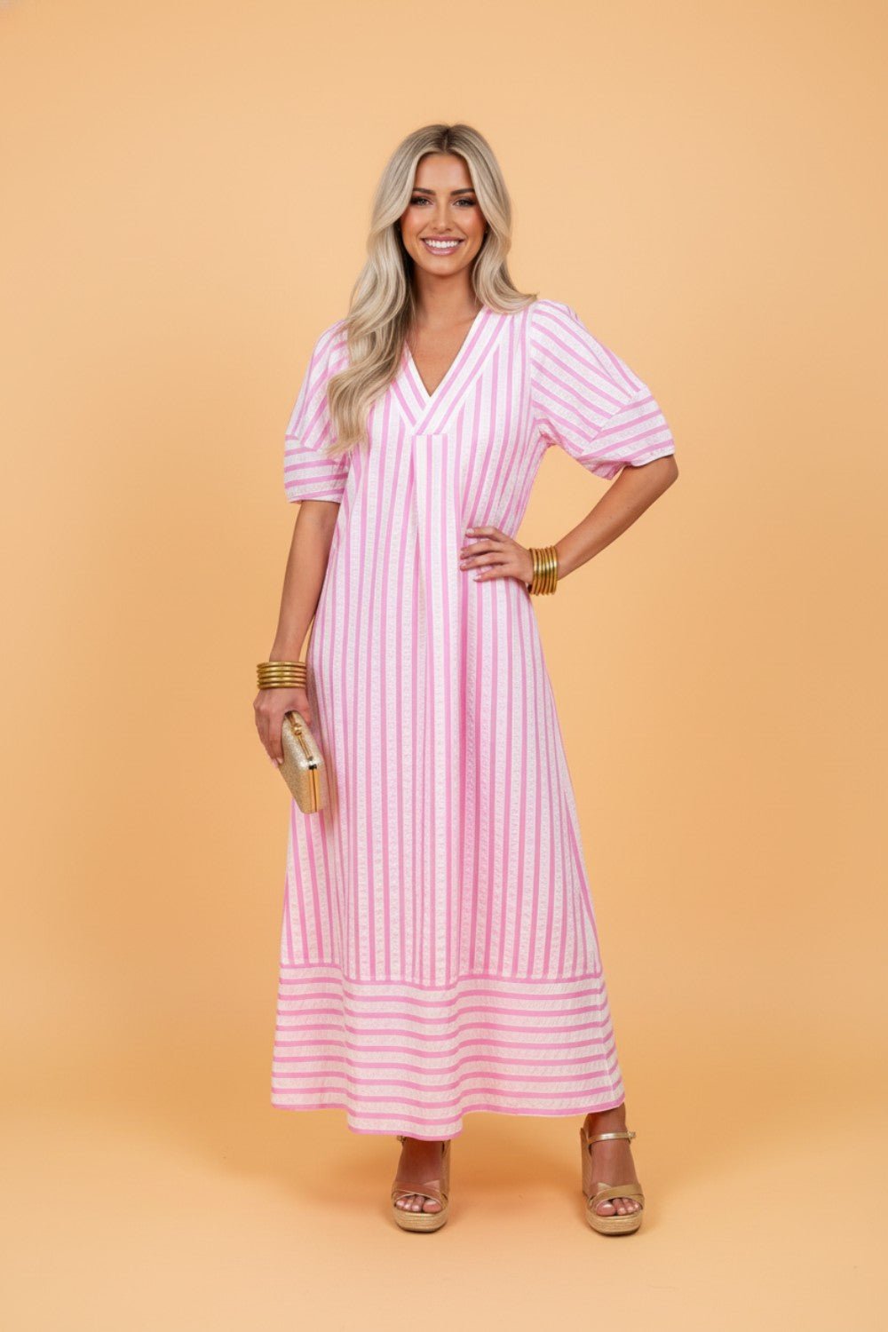 Stripe Short Sleeve V-Neck Maxi Dress - Rooted & Reckless Co.