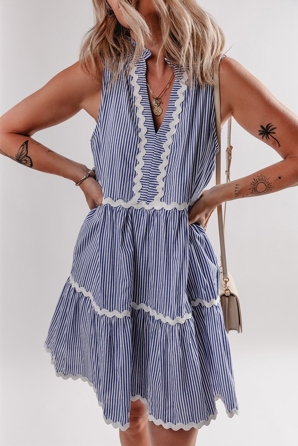 Stripe Sleeveless Contrast Ricrac Trim Mini Dress - Rooted & Reckless Co.