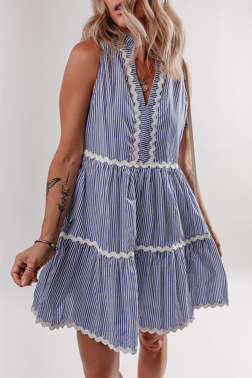 Stripe Sleeveless Contrast Ricrac Trim Mini Dress - Rooted & Reckless Co.