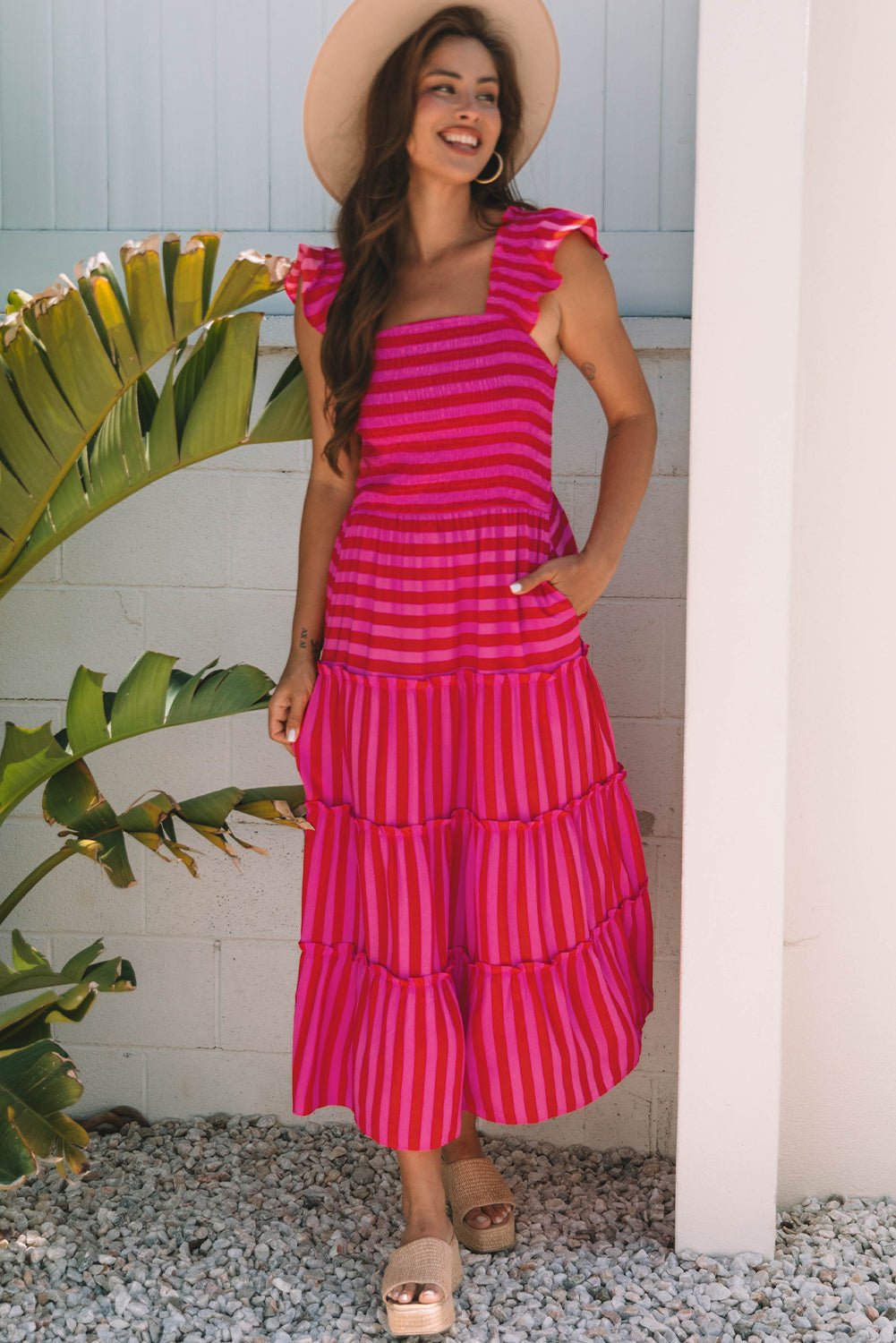 Stripe Smocked Bodice Flutter Sleeve Tiered Maxi Dress - Rooted & Reckless Co.
