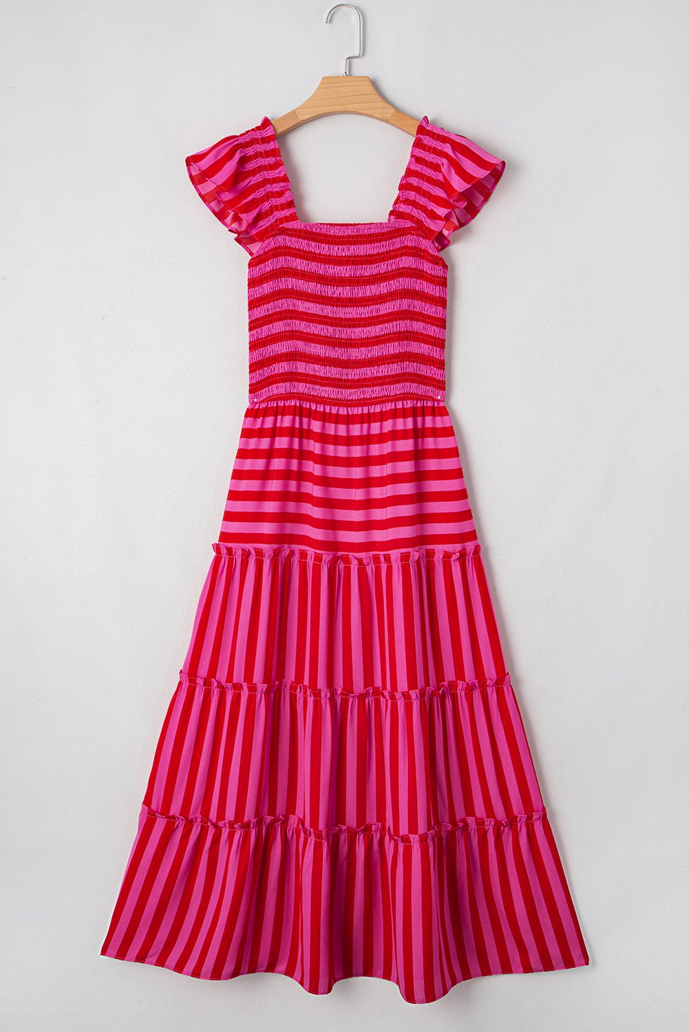 Stripe Smocked Bodice Flutter Sleeve Tiered Maxi Dress - Rooted & Reckless Co.