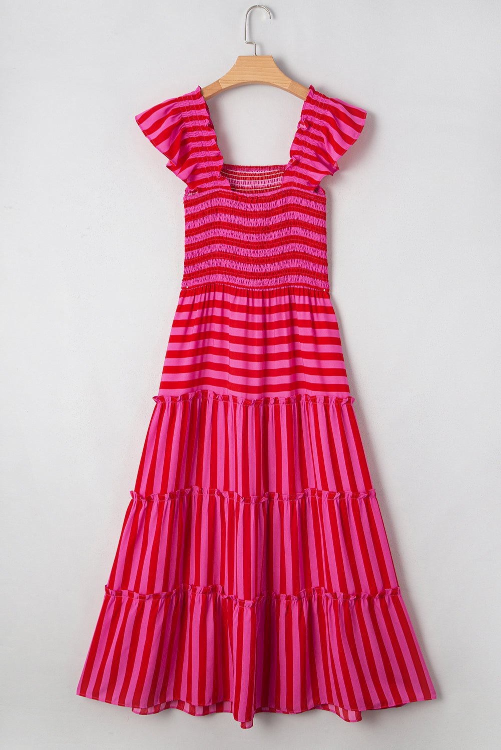 Stripe Smocked Bodice Flutter Sleeve Tiered Maxi Dress - Rooted & Reckless Co.