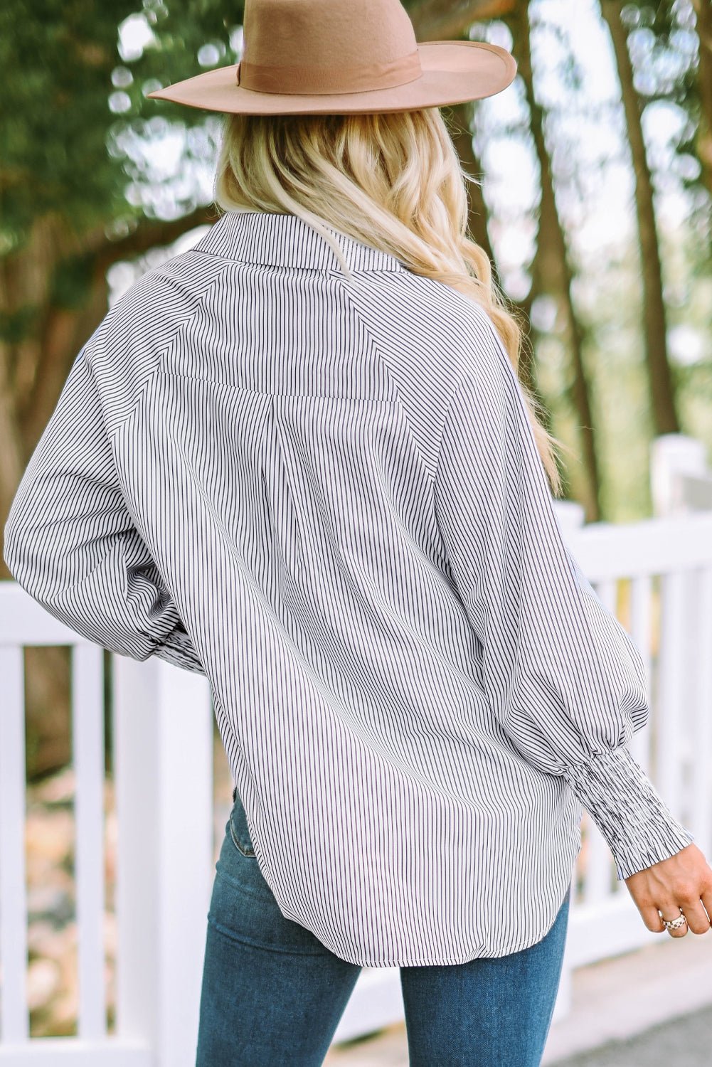 Stripe Smocked Long Sleeve Button-Up Shirt - Rooted & Reckless Co.