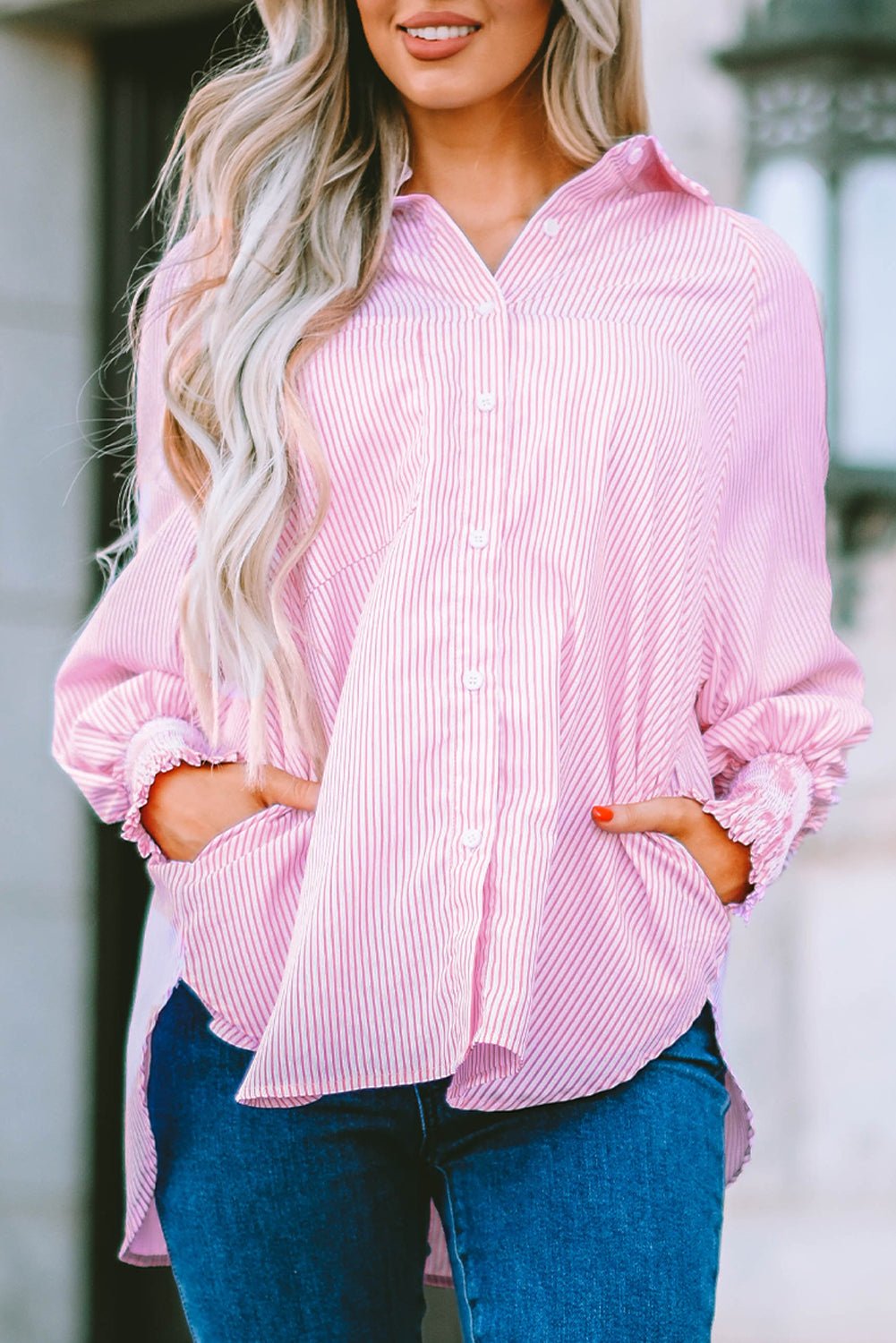 Stripe Smocked Long Sleeve Button-Up Shirt - Rooted & Reckless Co.