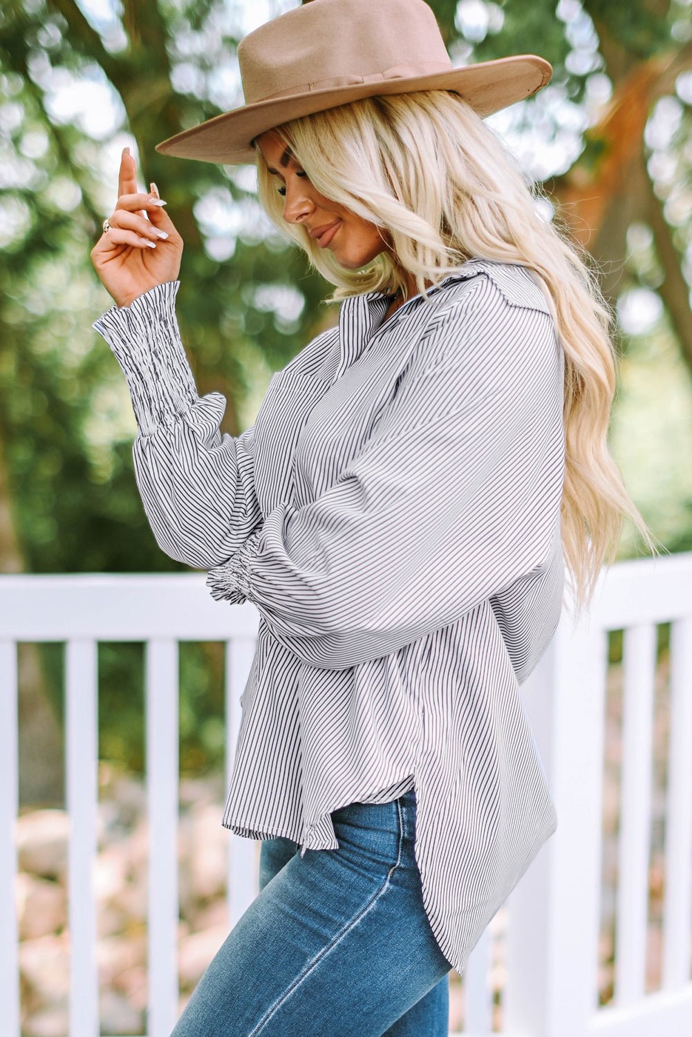 Stripe Smocked Long Sleeve Button-Up Shirt - Rooted & Reckless Co.