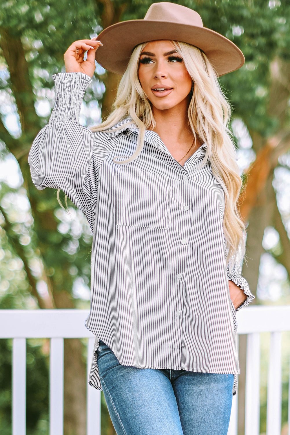 Stripe Smocked Long Sleeve Button-Up Shirt - Rooted & Reckless Co.