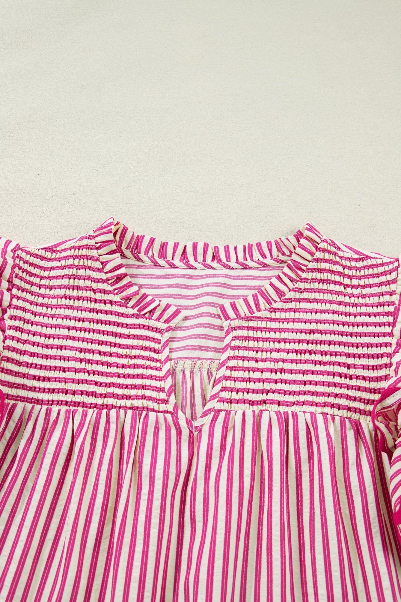 Stripe Smocked Yoke Short Sleeve Ruffle Blouse - Rooted & Reckless Co.