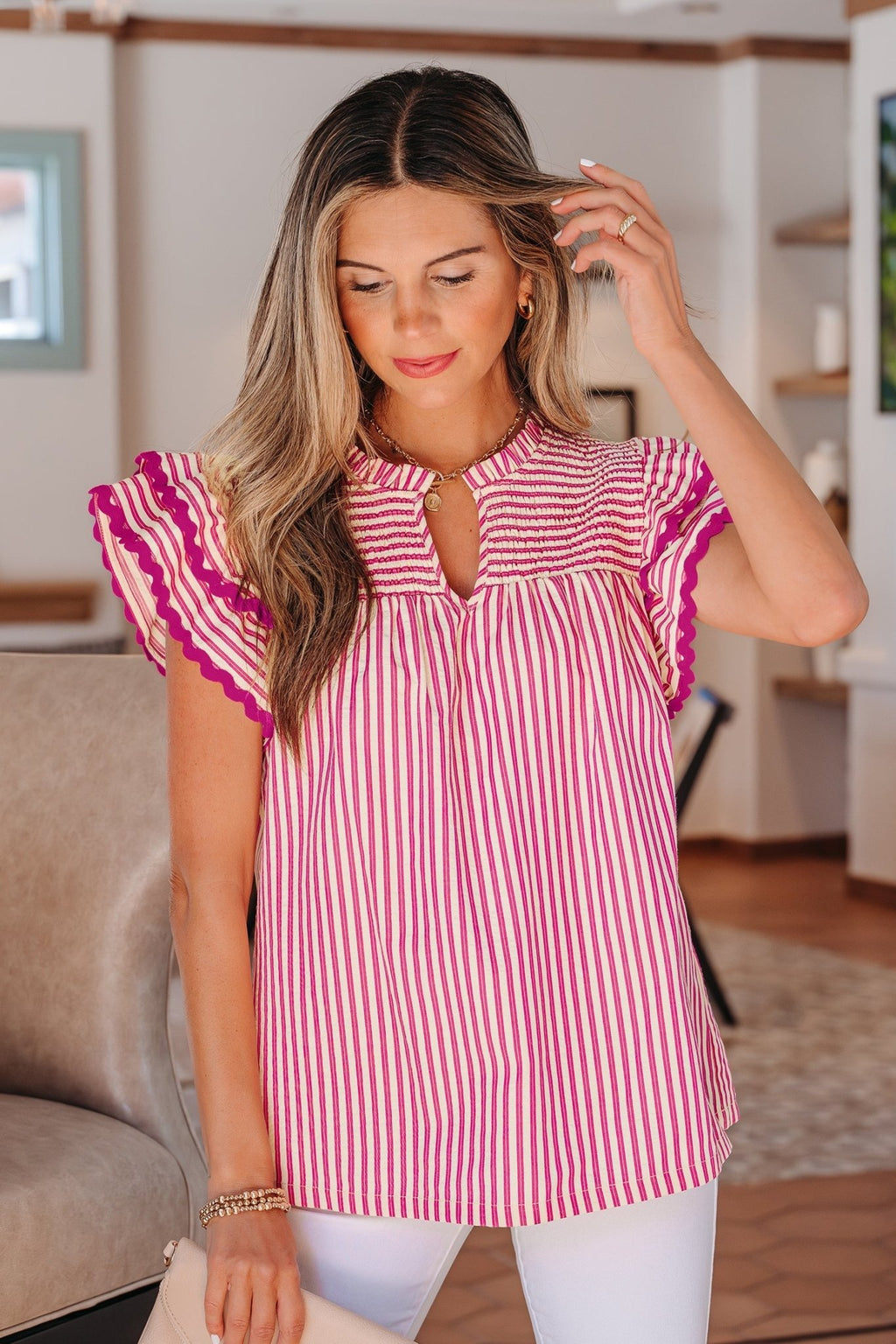 Stripe Smocked Yoke Short Sleeve Ruffle Blouse - Rooted & Reckless Co.