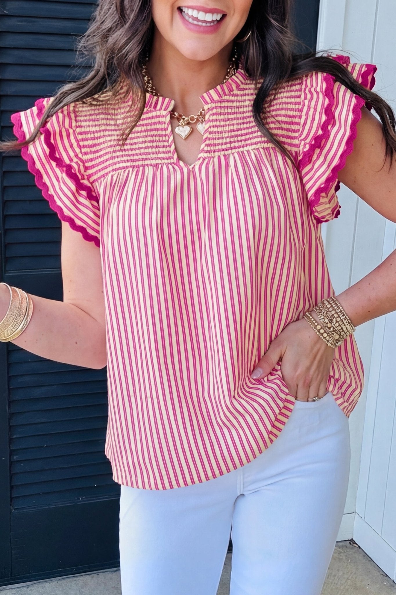 Stripe Smocked Yoke Short Sleeve Ruffle Blouse - Rooted & Reckless Co.