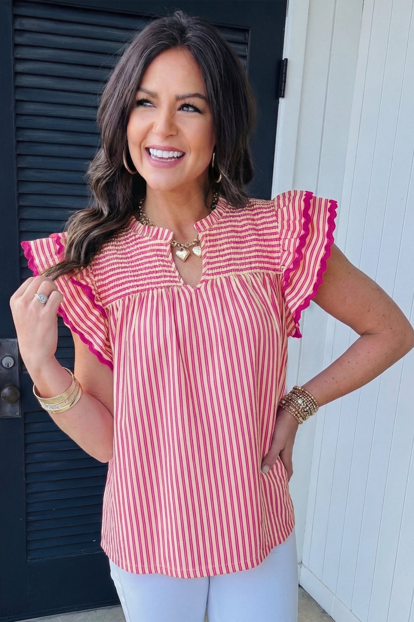 Stripe Smocked Yoke Short Sleeve Ruffle Blouse - Rooted & Reckless Co.