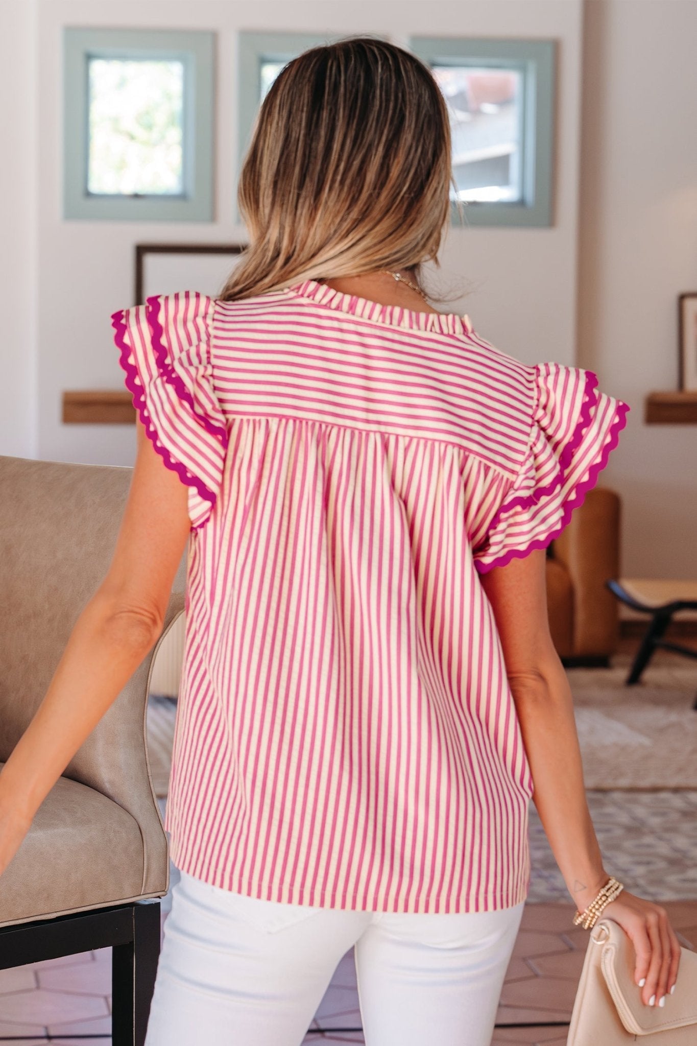 Stripe Smocked Yoke Short Sleeve Ruffle Blouse - Rooted & Reckless Co.