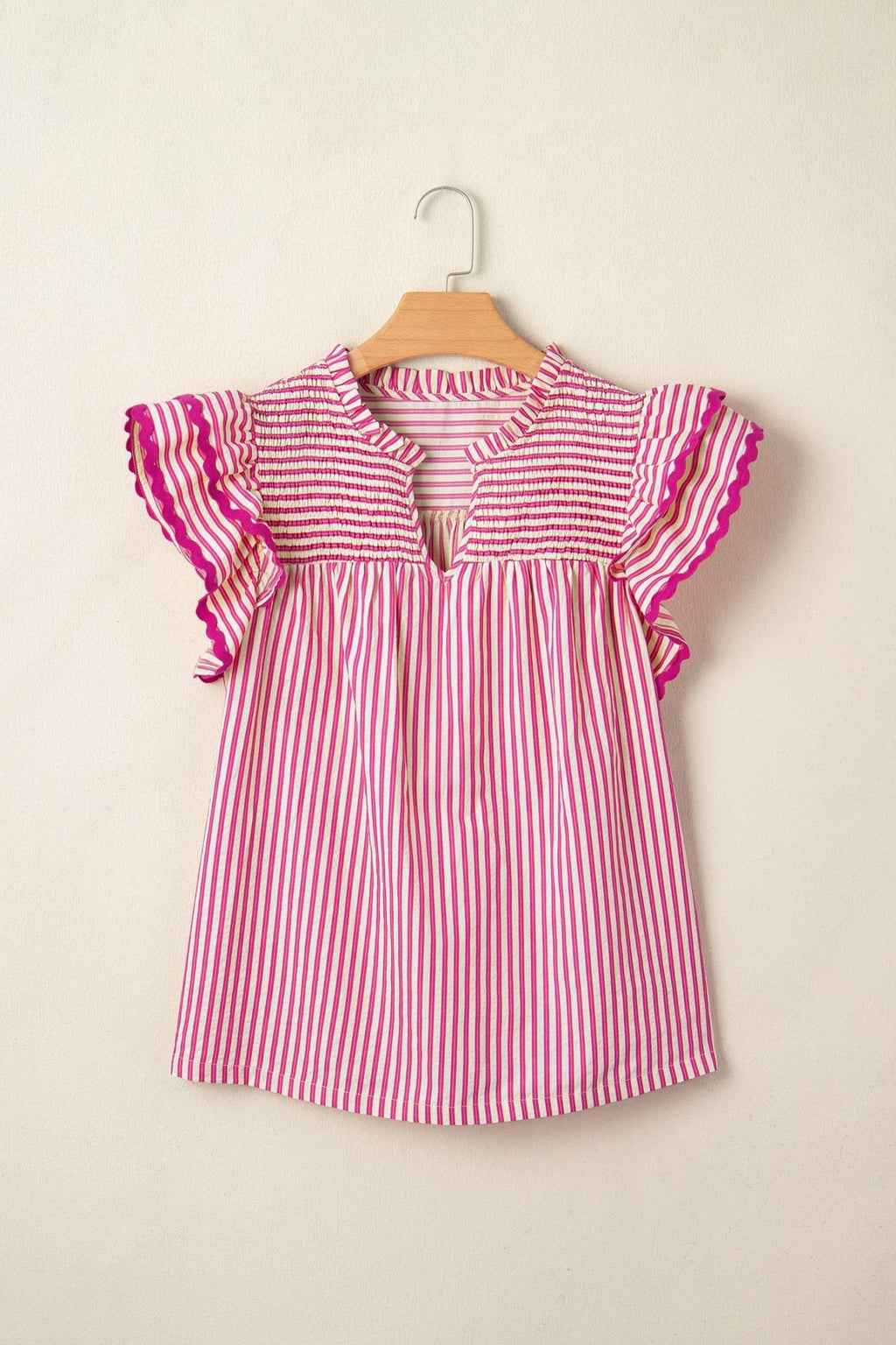Stripe Smocked Yoke Short Sleeve Ruffle Blouse - Rooted & Reckless Co.