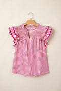 Stripe Smocked Yoke Short Sleeve Ruffle Blouse - Rooted & Reckless Co.