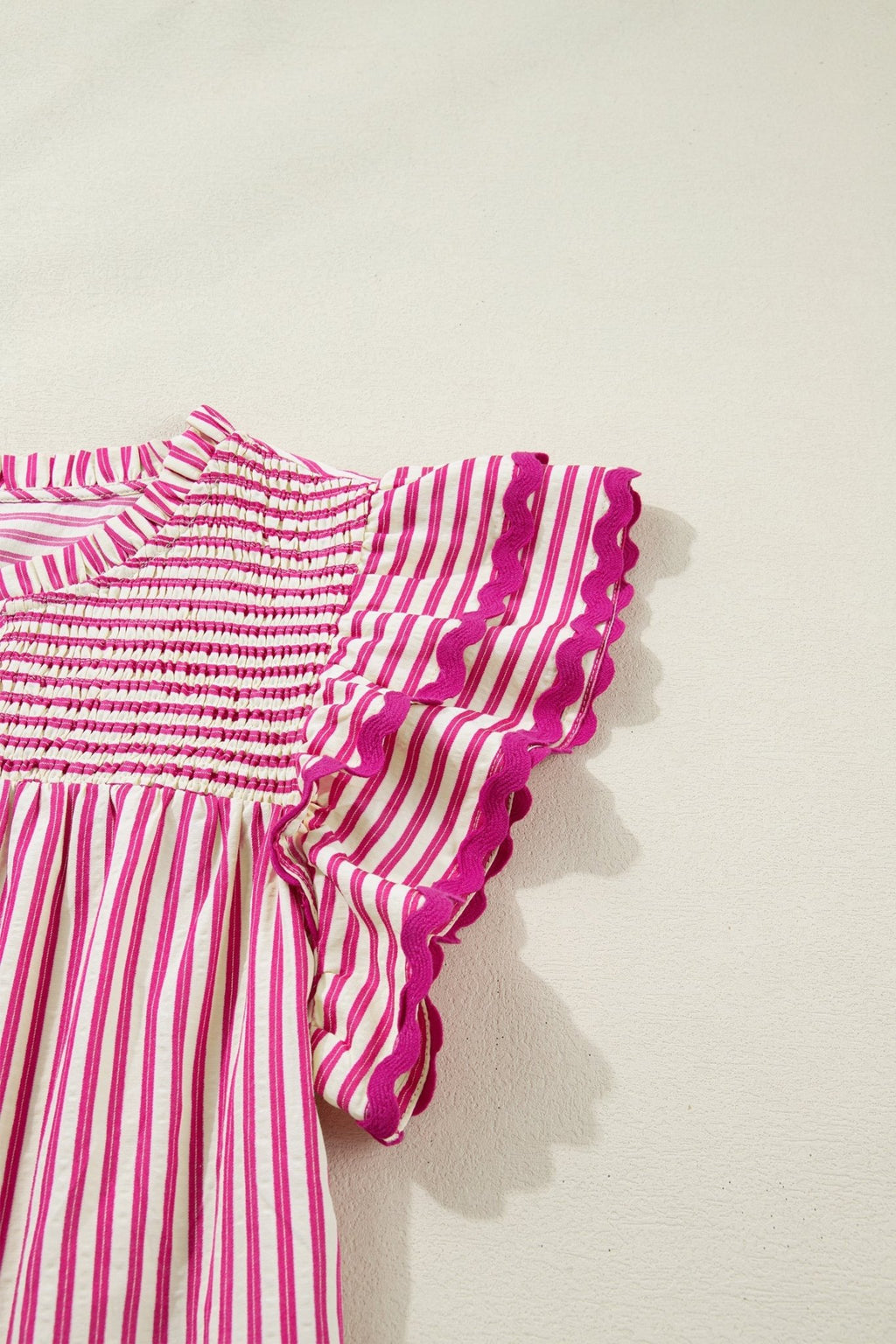 Stripe Smocked Yoke Short Sleeve Ruffle Blouse - Rooted & Reckless Co.