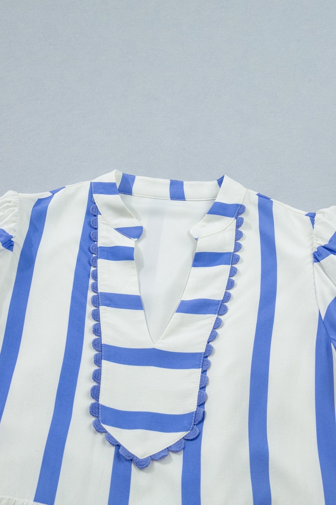 Stripe Split V-Neck Puff Sleeve Blouse - Rooted & Reckless Co.
