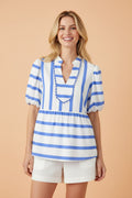 Stripe Split V-Neck Puff Sleeve Blouse - Rooted & Reckless Co.