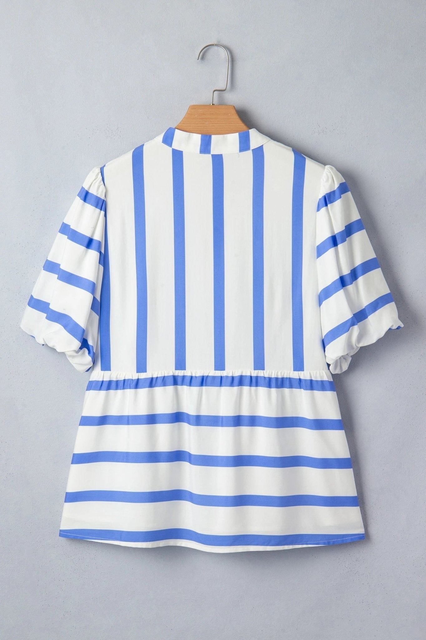 Stripe Split V-Neck Puff Sleeve Blouse - Rooted & Reckless Co.