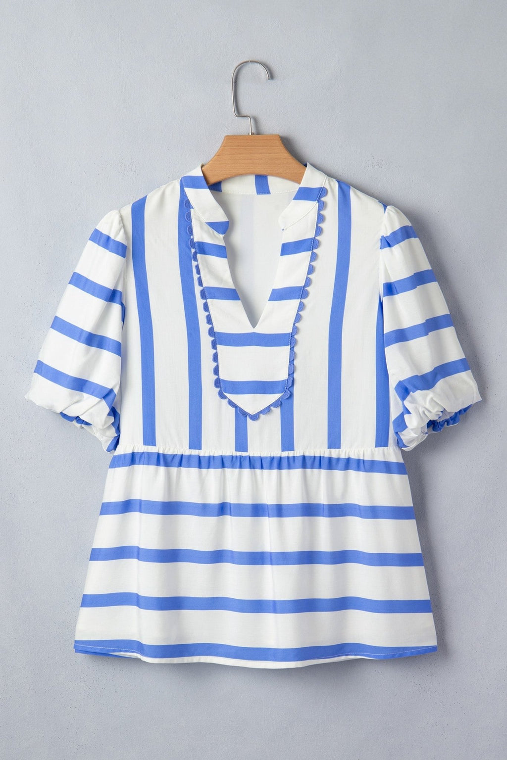 Stripe Split V-Neck Puff Sleeve Blouse - Rooted & Reckless Co.