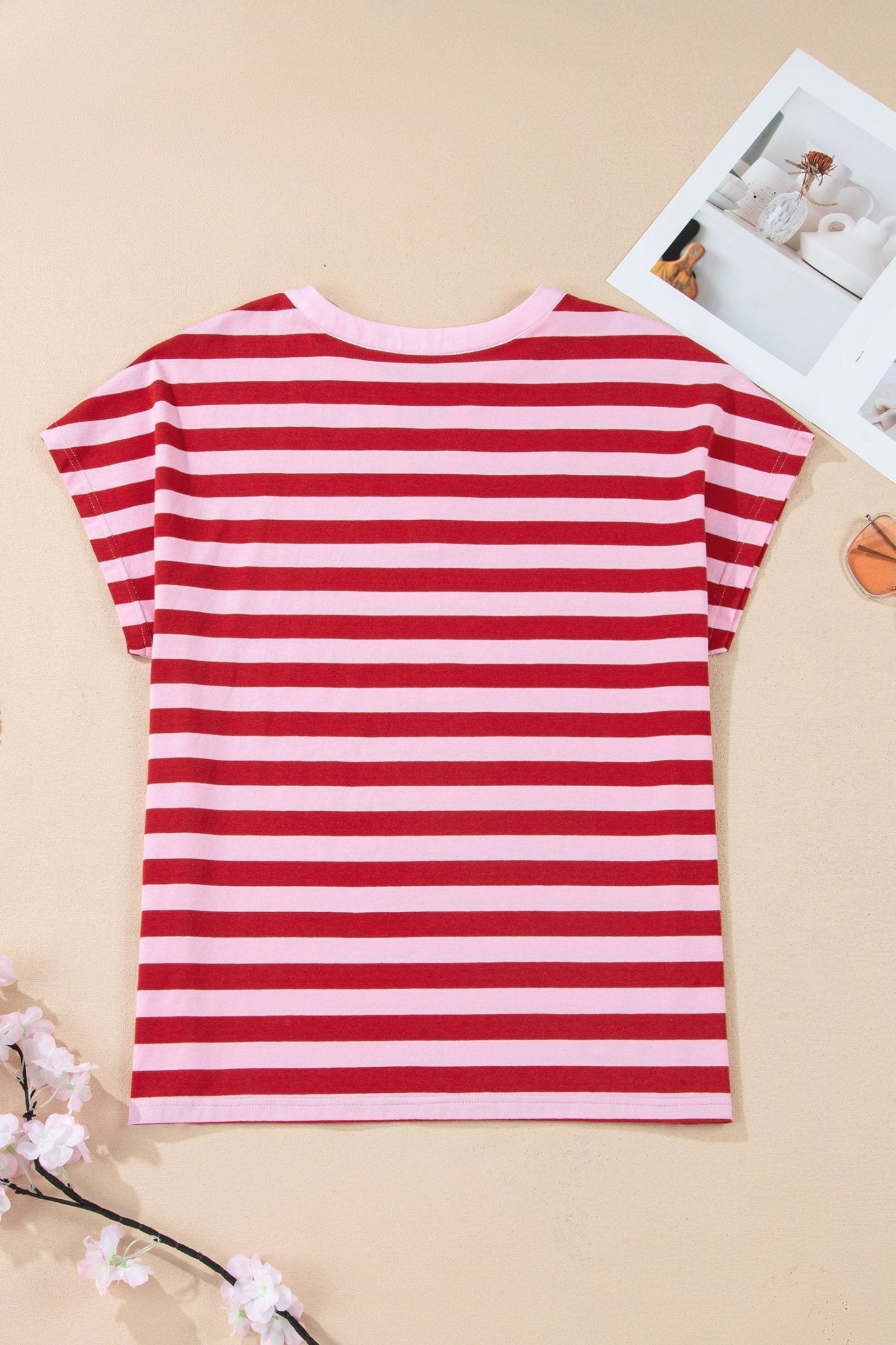 Stripe Split V-Neck Short Sleeve T-Shirt - Rooted & Reckless Co.