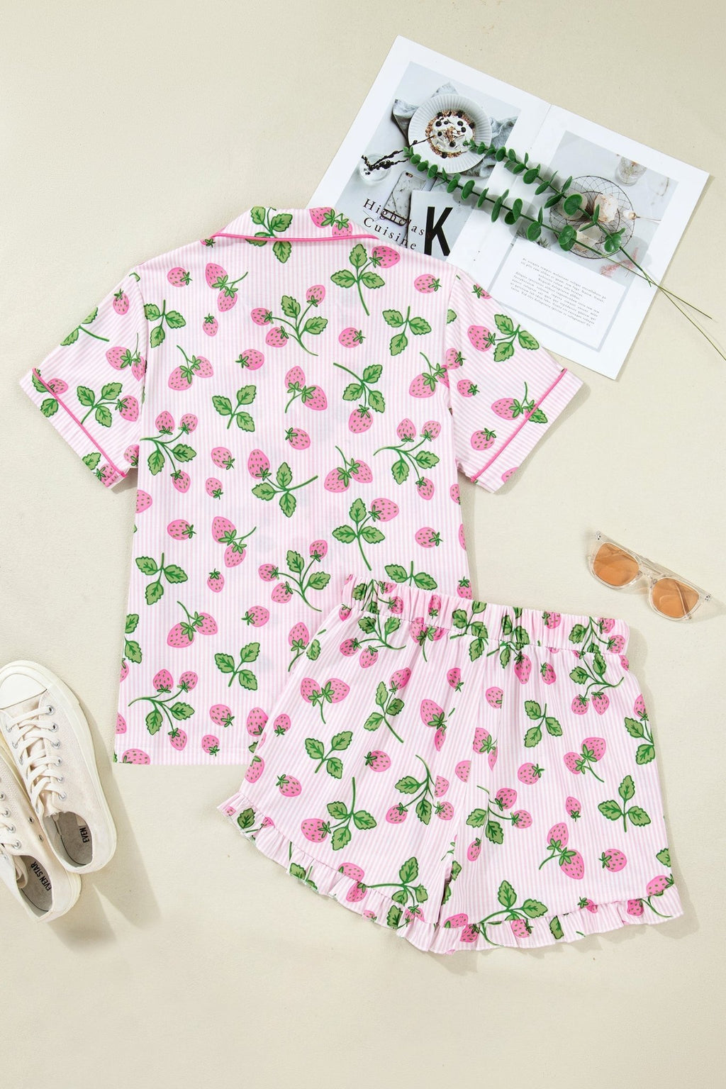 Stripe Strawberry Lapel Shirt & Drawstring Shorts Set - Rooted & Reckless Co.