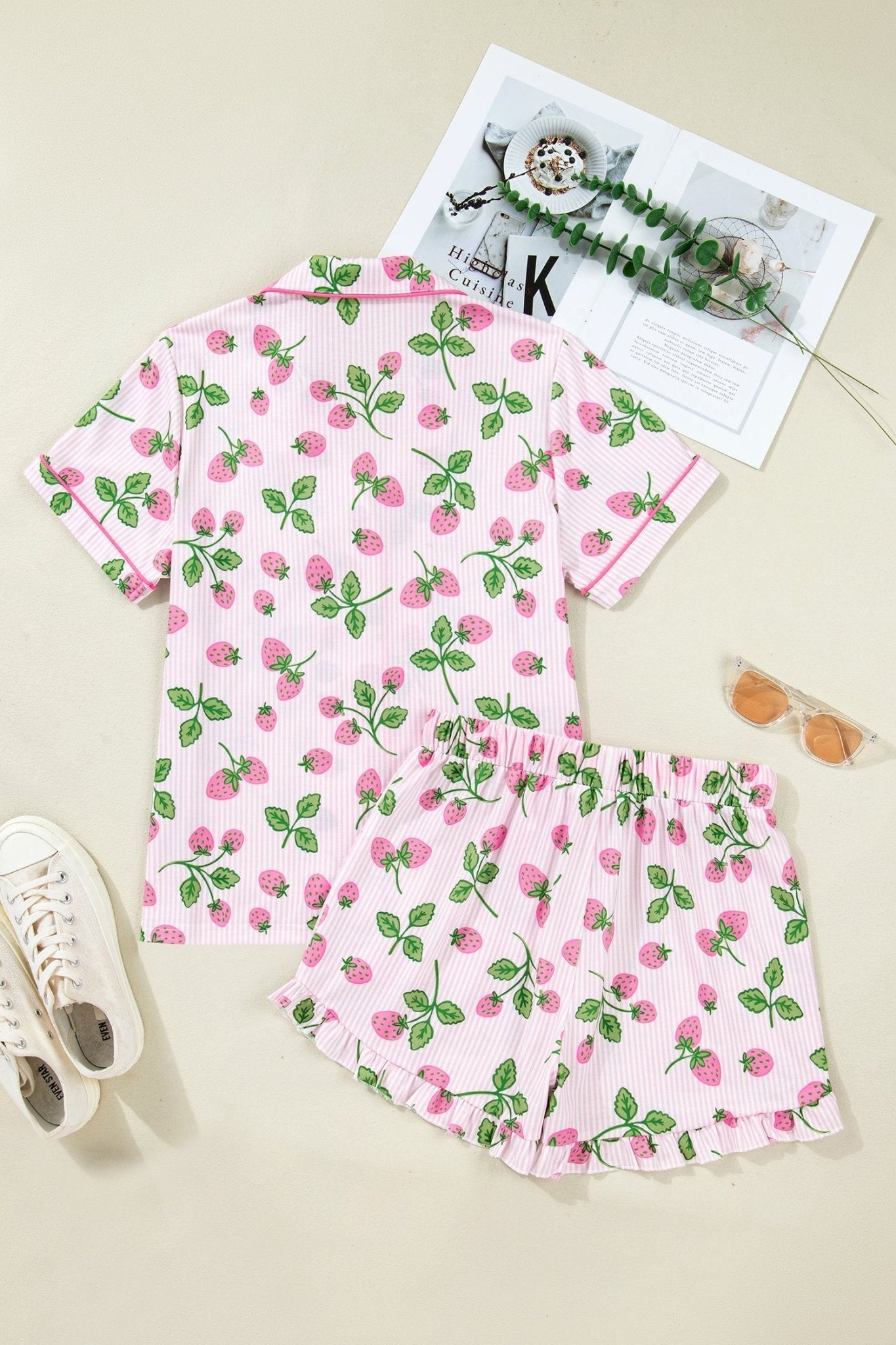 Stripe Strawberry Lapel Shirt & Drawstring Shorts Set - Rooted & Reckless Co.