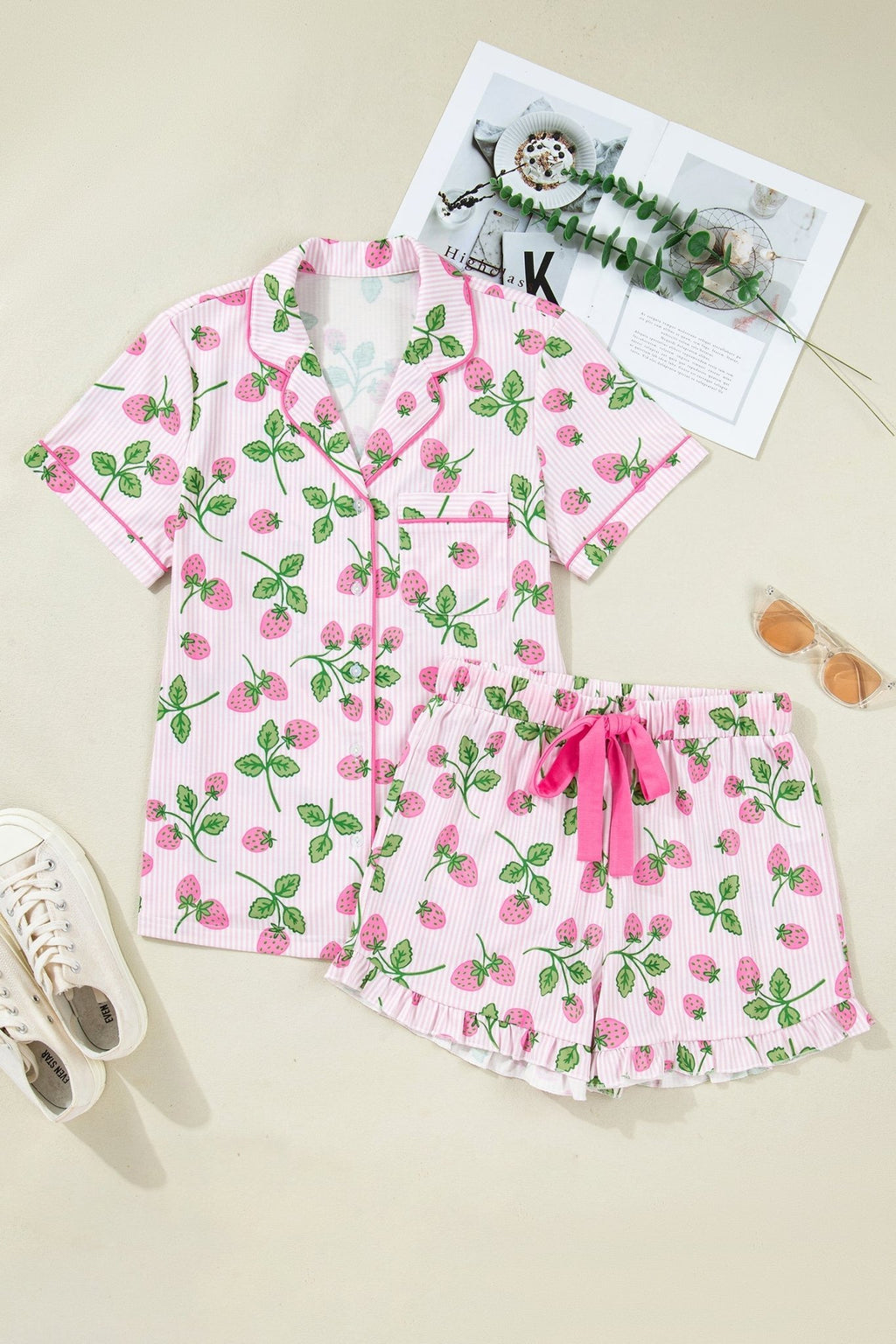 Stripe Strawberry Lapel Shirt & Drawstring Shorts Set - Rooted & Reckless Co.