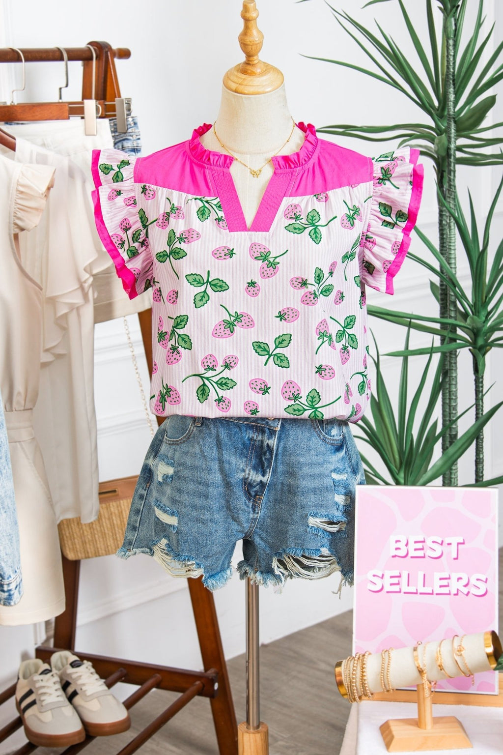 Stripe Strawberry Patchwork Flutter Sleeve V-Neck Blouse - Rooted & Reckless Co.