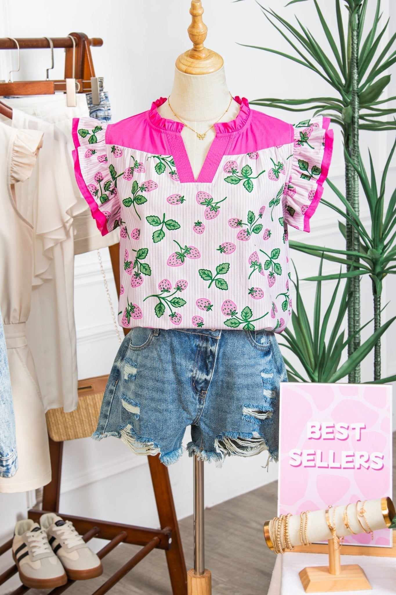 Stripe Strawberry Patchwork Flutter Sleeve V-Neck Blouse - Rooted & Reckless Co.