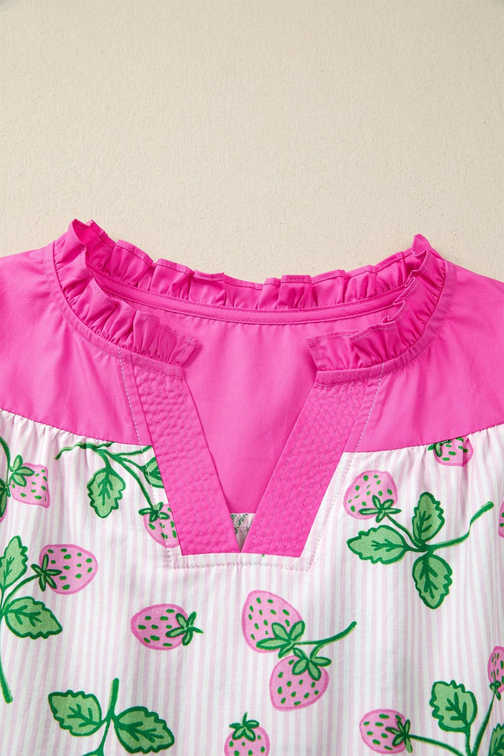 Stripe Strawberry Patchwork Flutter Sleeve V-Neck Blouse - Rooted & Reckless Co.