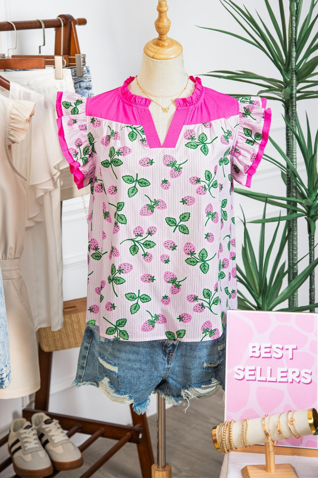 Stripe Strawberry Patchwork Flutter Sleeve V-Neck Blouse - Rooted & Reckless Co.