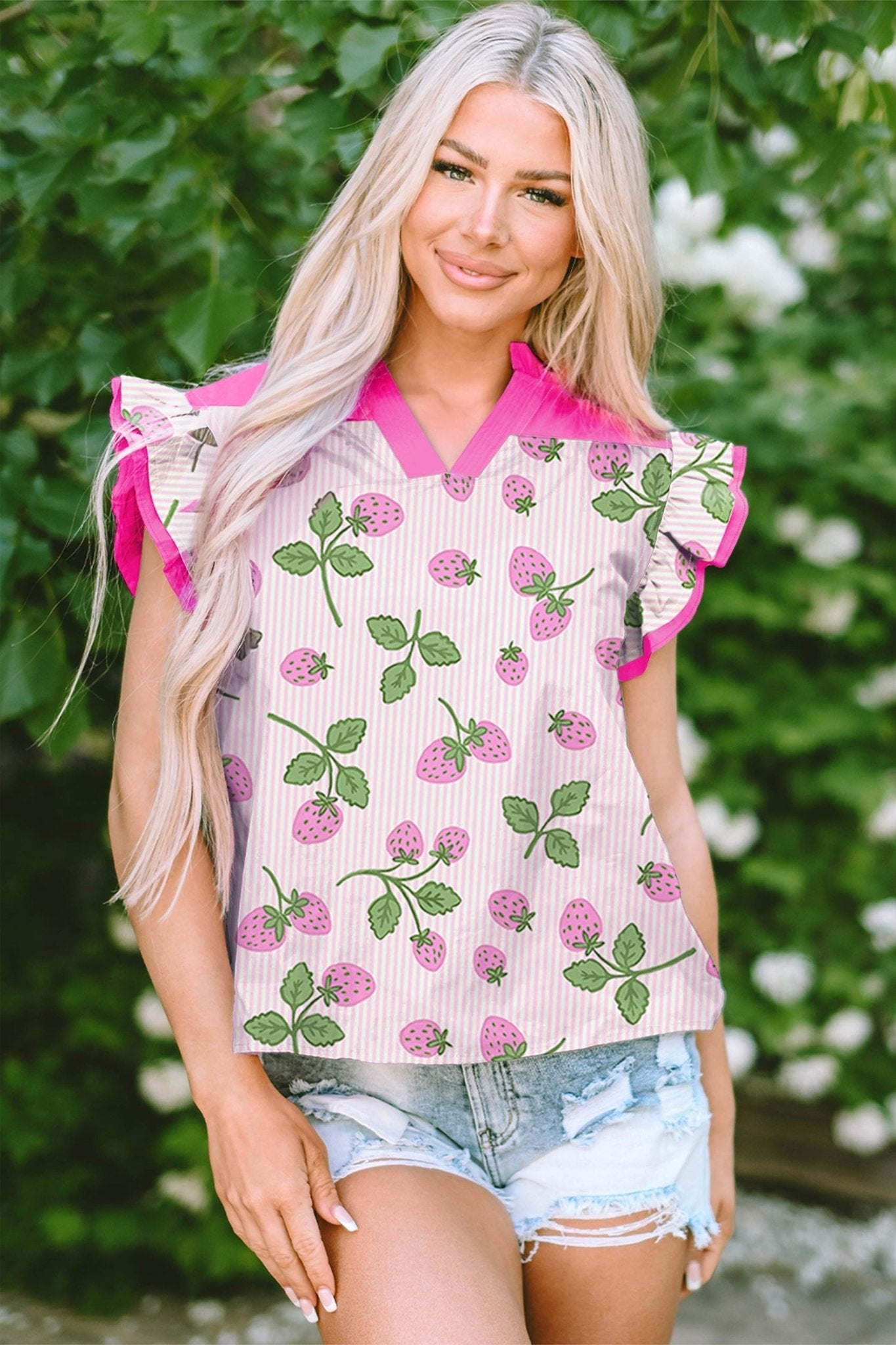 Stripe Strawberry Patchwork Flutter Sleeve V-Neck Blouse - Rooted & Reckless Co.