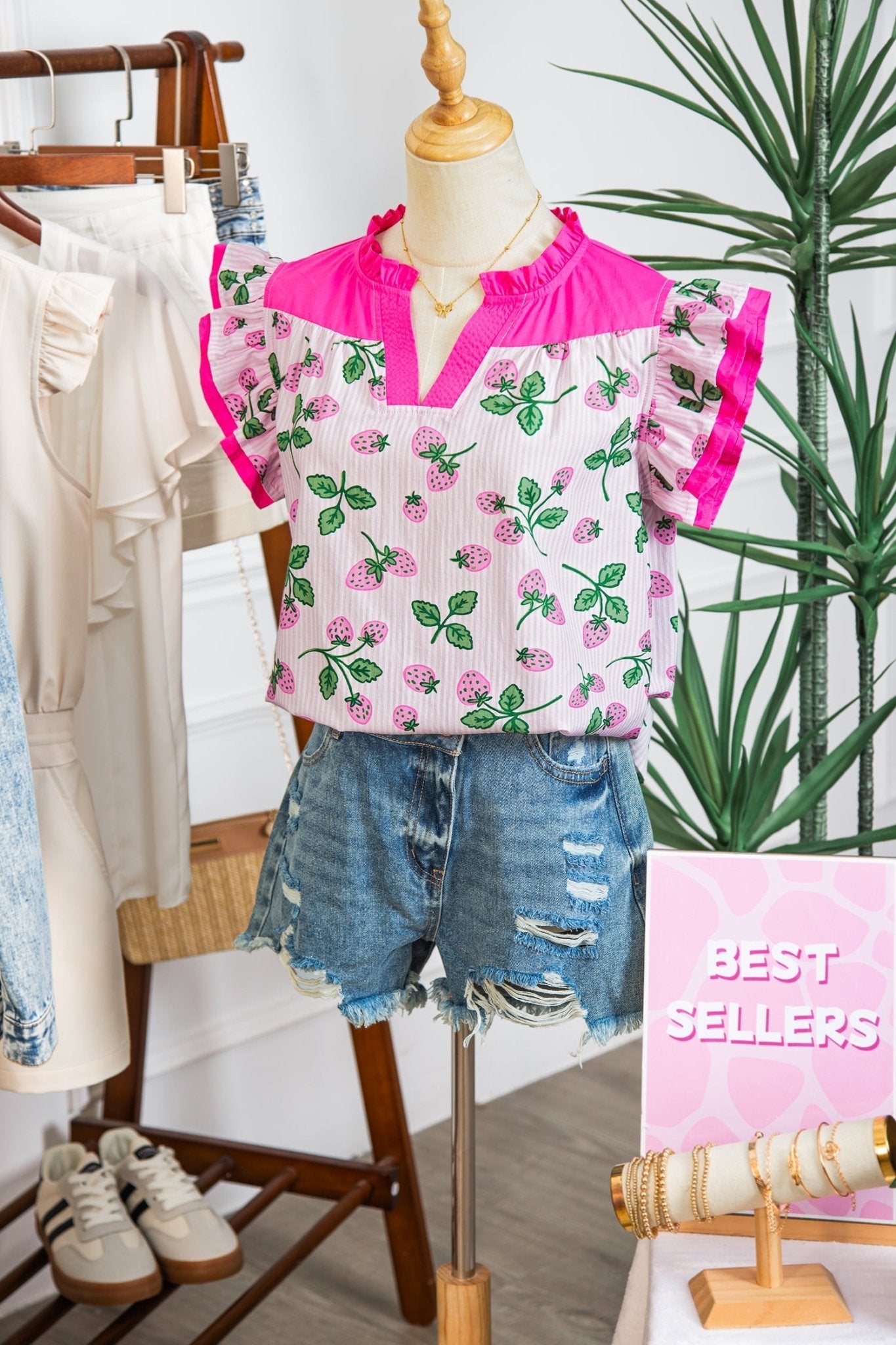 Stripe Strawberry Patchwork Flutter Sleeve V-Neck Blouse - Rooted & Reckless Co.