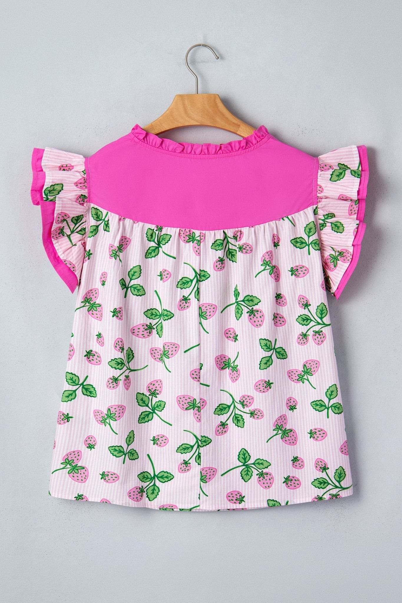Stripe Strawberry Patchwork Flutter Sleeve V-Neck Blouse - Rooted & Reckless Co.