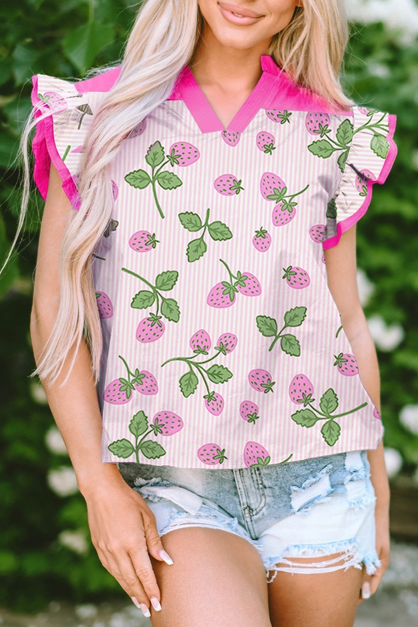 Stripe Strawberry Patchwork Flutter Sleeve V-Neck Blouse - Rooted & Reckless Co.