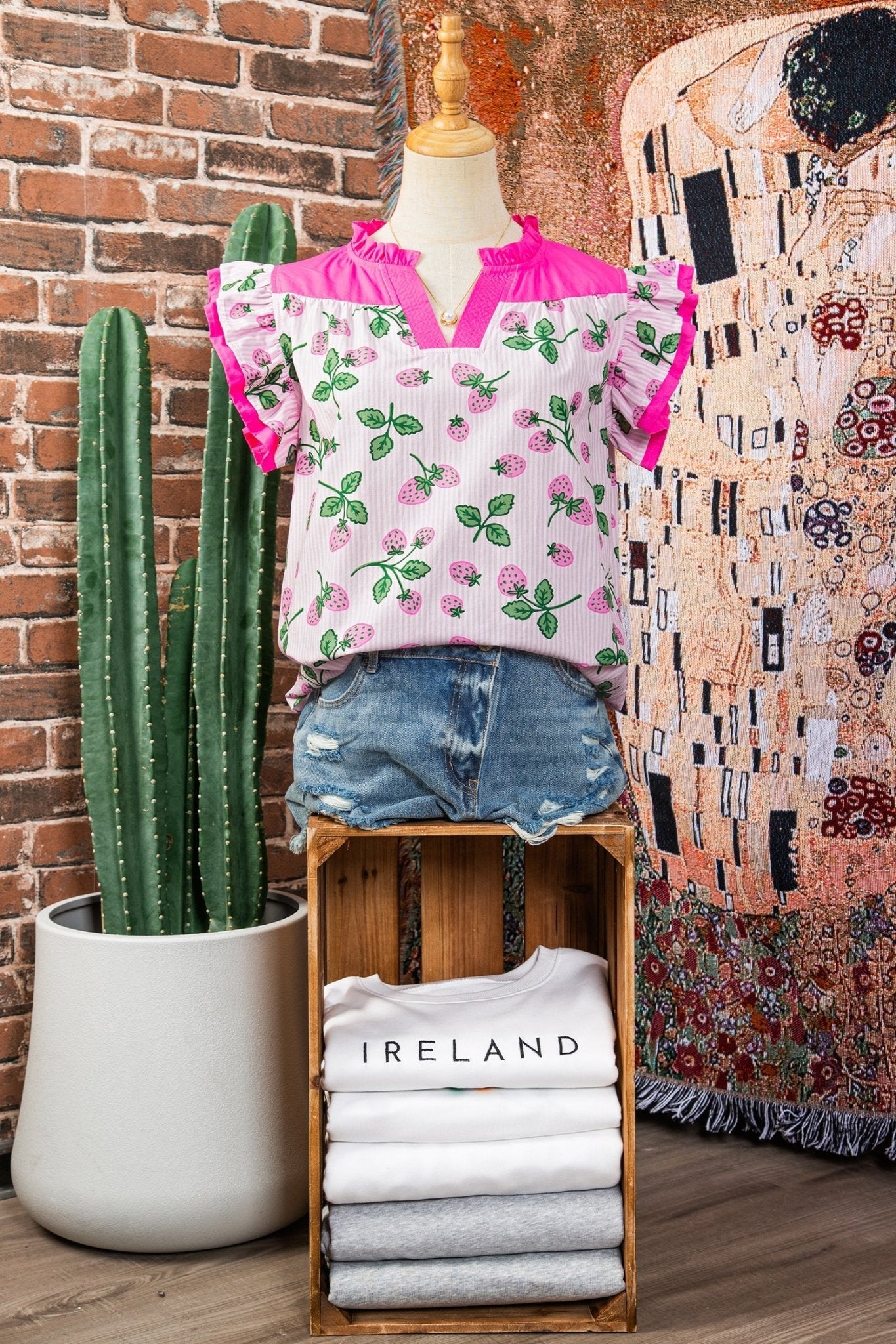 Stripe Strawberry Patchwork Flutter Sleeve V-Neck Blouse - Rooted & Reckless Co.
