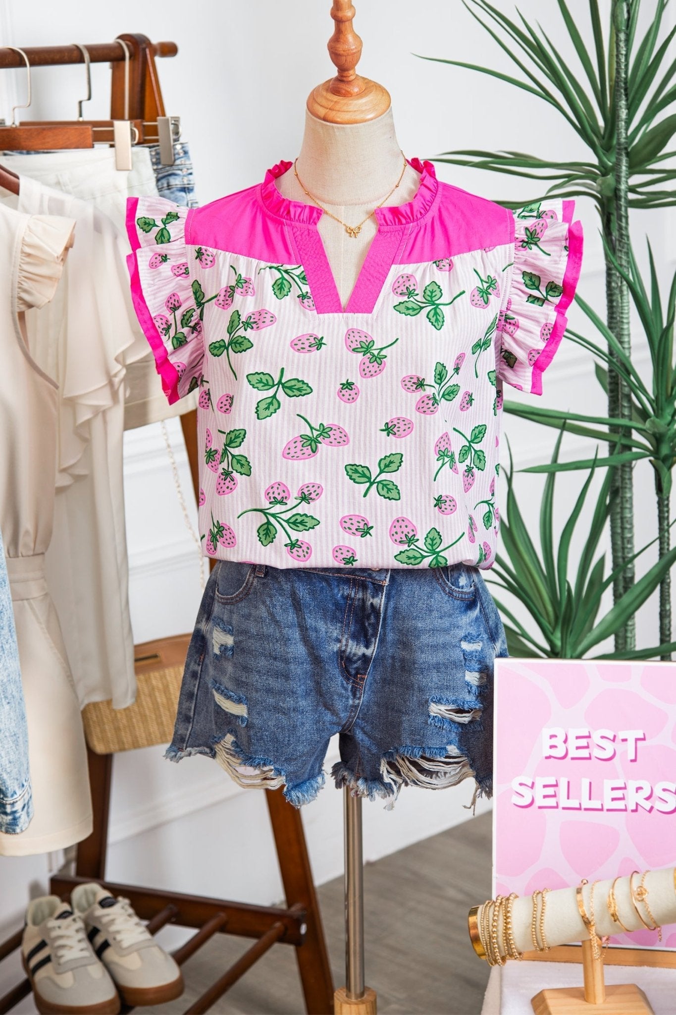 Stripe Strawberry Patchwork Flutter Sleeve V-Neck Blouse - Rooted & Reckless Co.