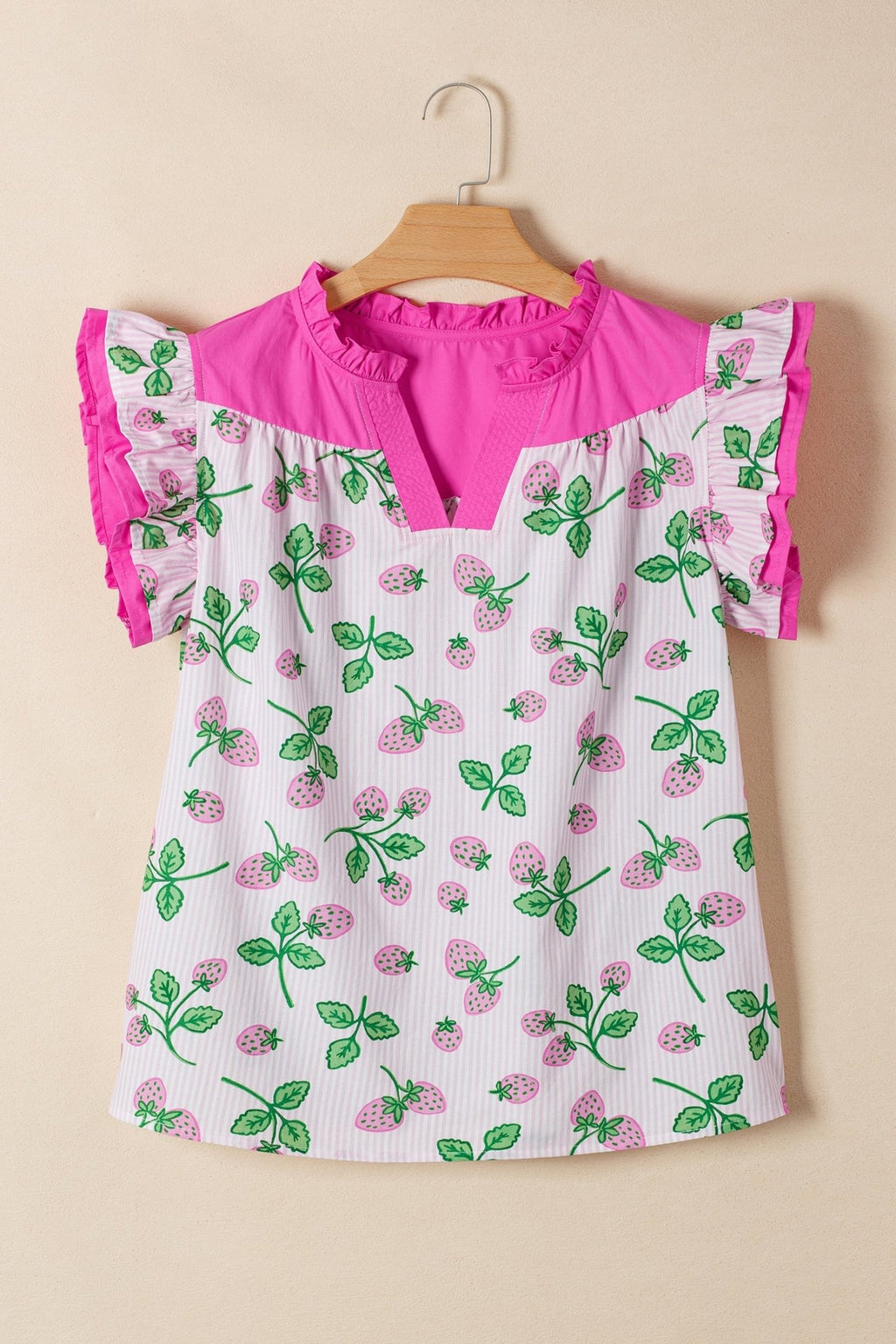 Stripe Strawberry Patchwork Flutter Sleeve V-Neck Blouse - Rooted & Reckless Co.