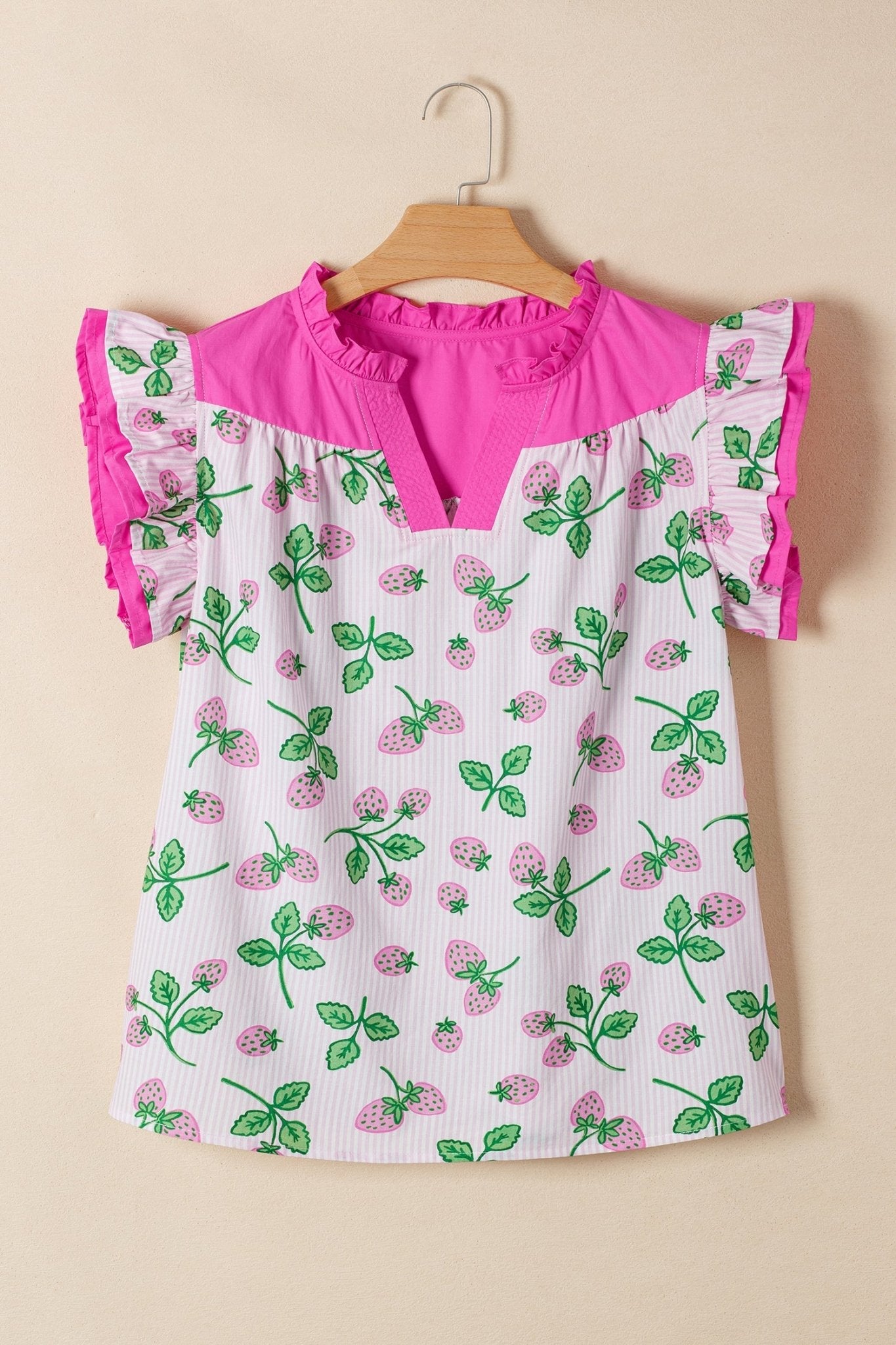 Stripe Strawberry Patchwork Flutter Sleeve V-Neck Blouse - Rooted & Reckless Co.