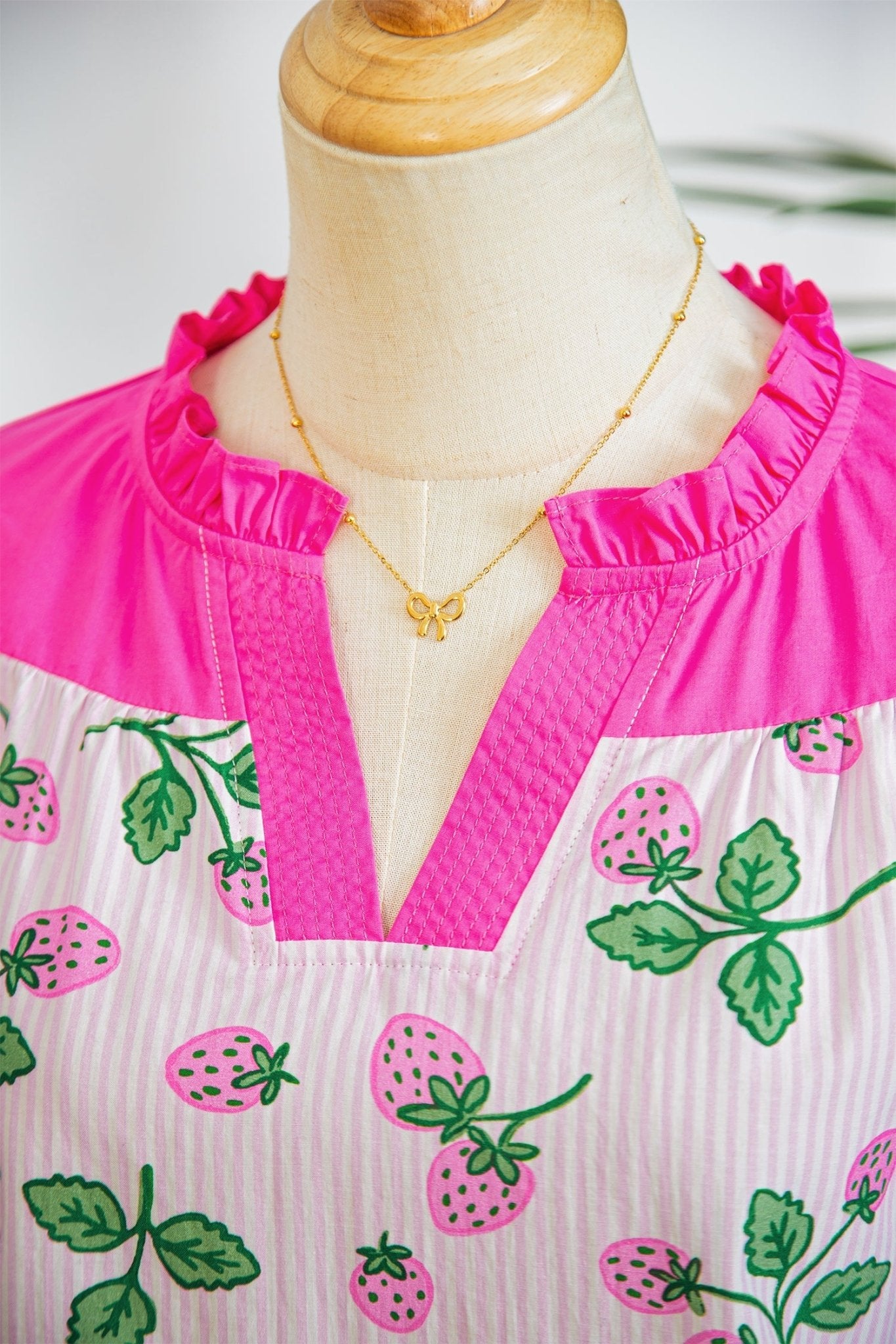 Stripe Strawberry Patchwork Flutter Sleeve V-Neck Blouse - Rooted & Reckless Co.