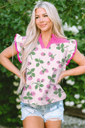 Stripe Strawberry Patchwork Flutter Sleeve V-Neck Blouse - Rooted & Reckless Co.