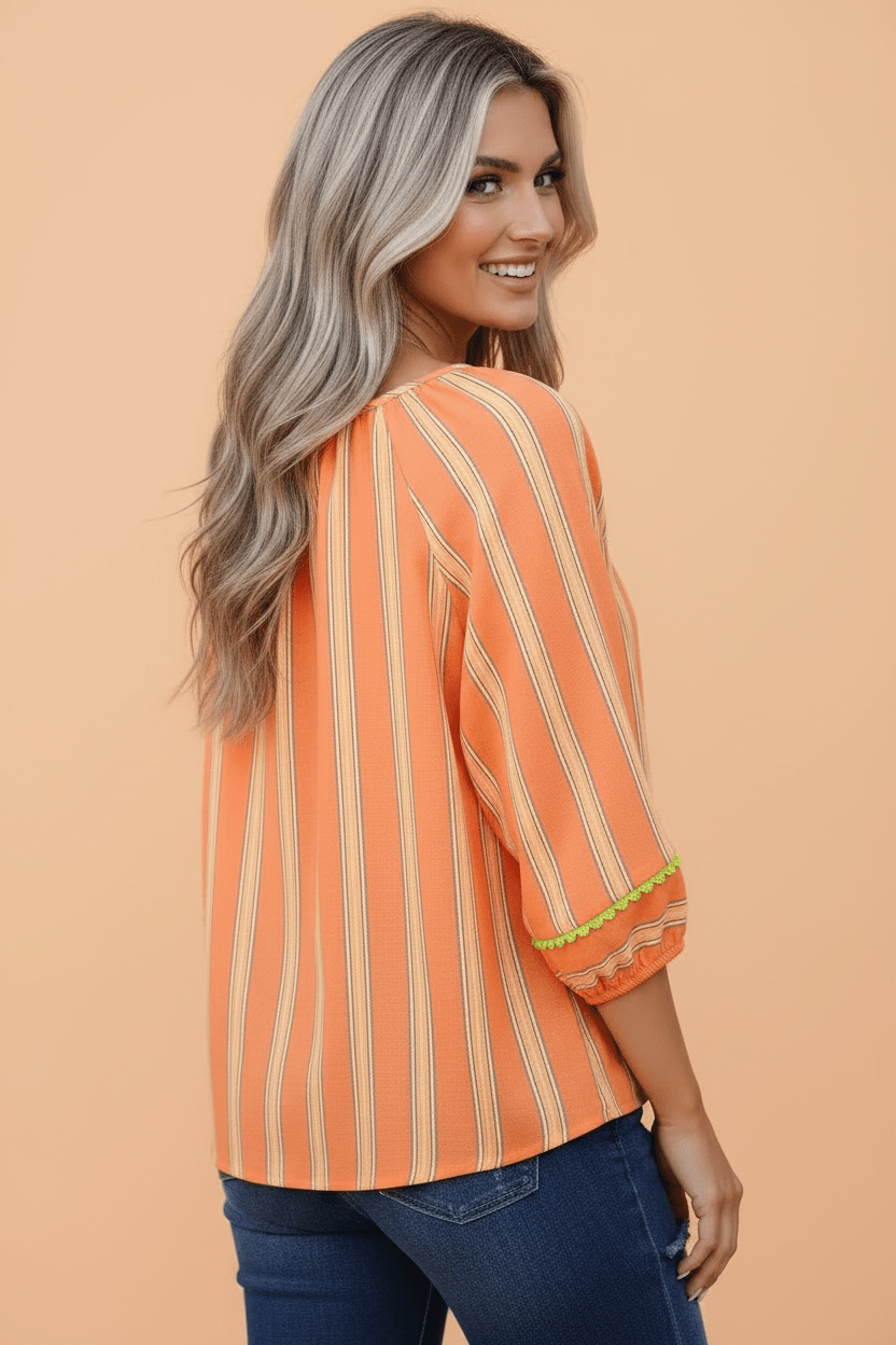 Stripe Tassel Tie Neck 3/4 Sleeve Blouse - Rooted & Reckless Co.