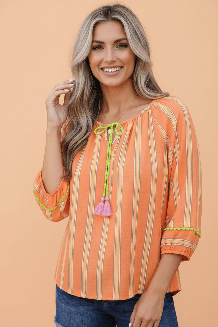 Stripe Tassel Tie Neck 3/4 Sleeve Blouse - Rooted & Reckless Co.