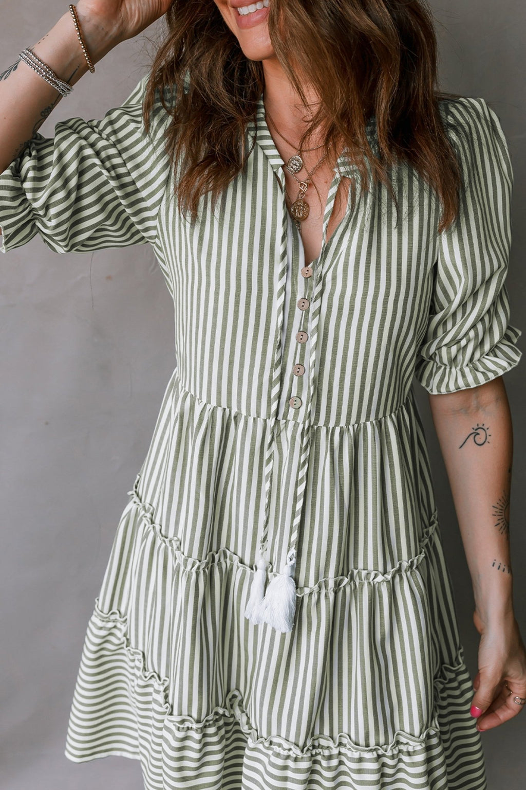 Stripe Tassel Tie-Neck Ruffle Tiered Dress - Rooted & Reckless Co.