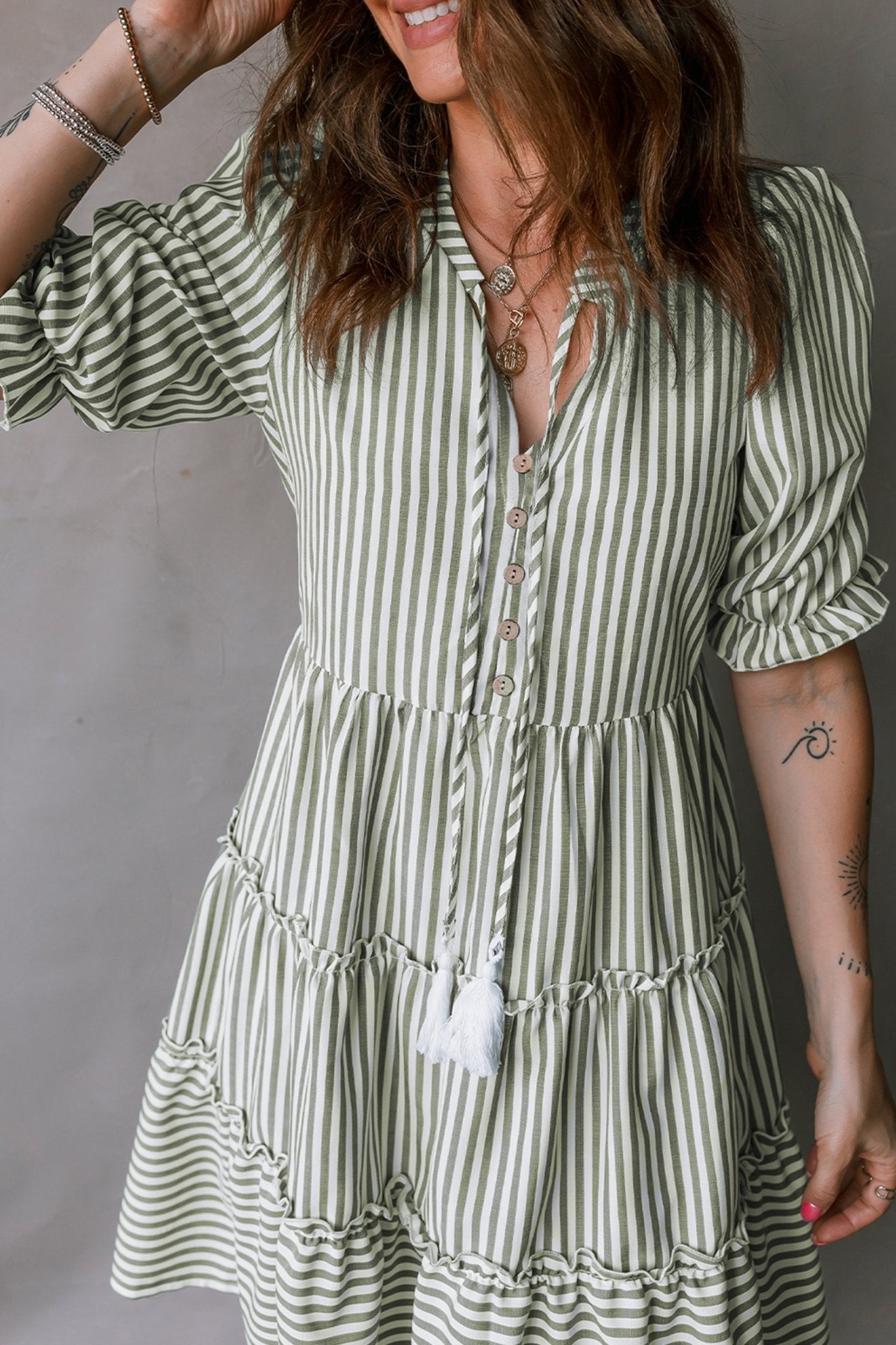 Stripe Tassel Tie-Neck Ruffle Tiered Dress - Rooted & Reckless Co.