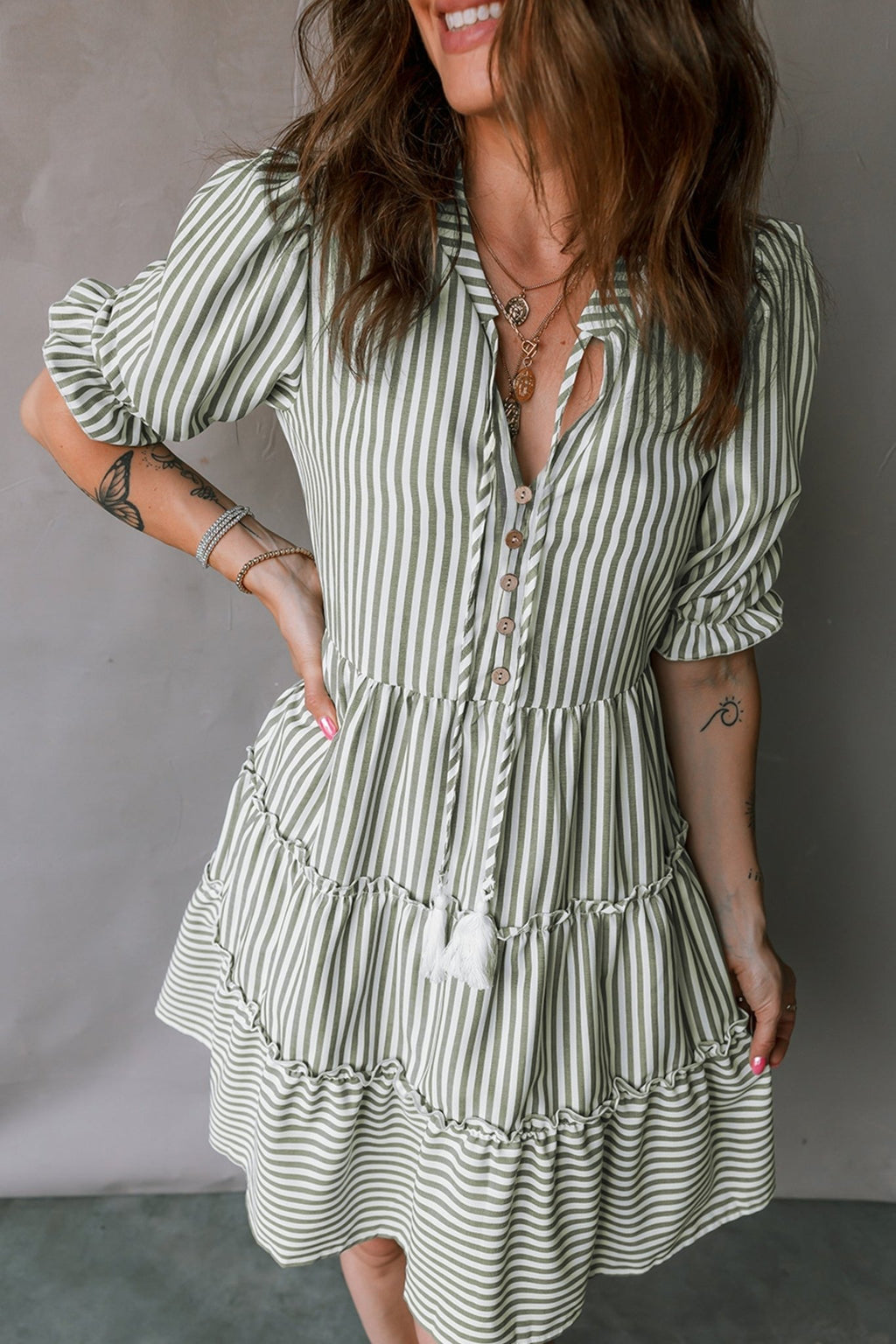 Stripe Tassel Tie-Neck Ruffle Tiered Dress - Rooted & Reckless Co.