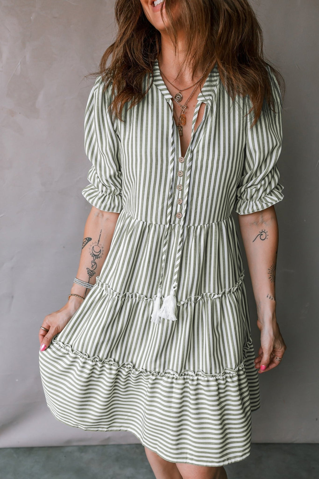 Stripe Tassel Tie-Neck Ruffle Tiered Dress - Rooted & Reckless Co.