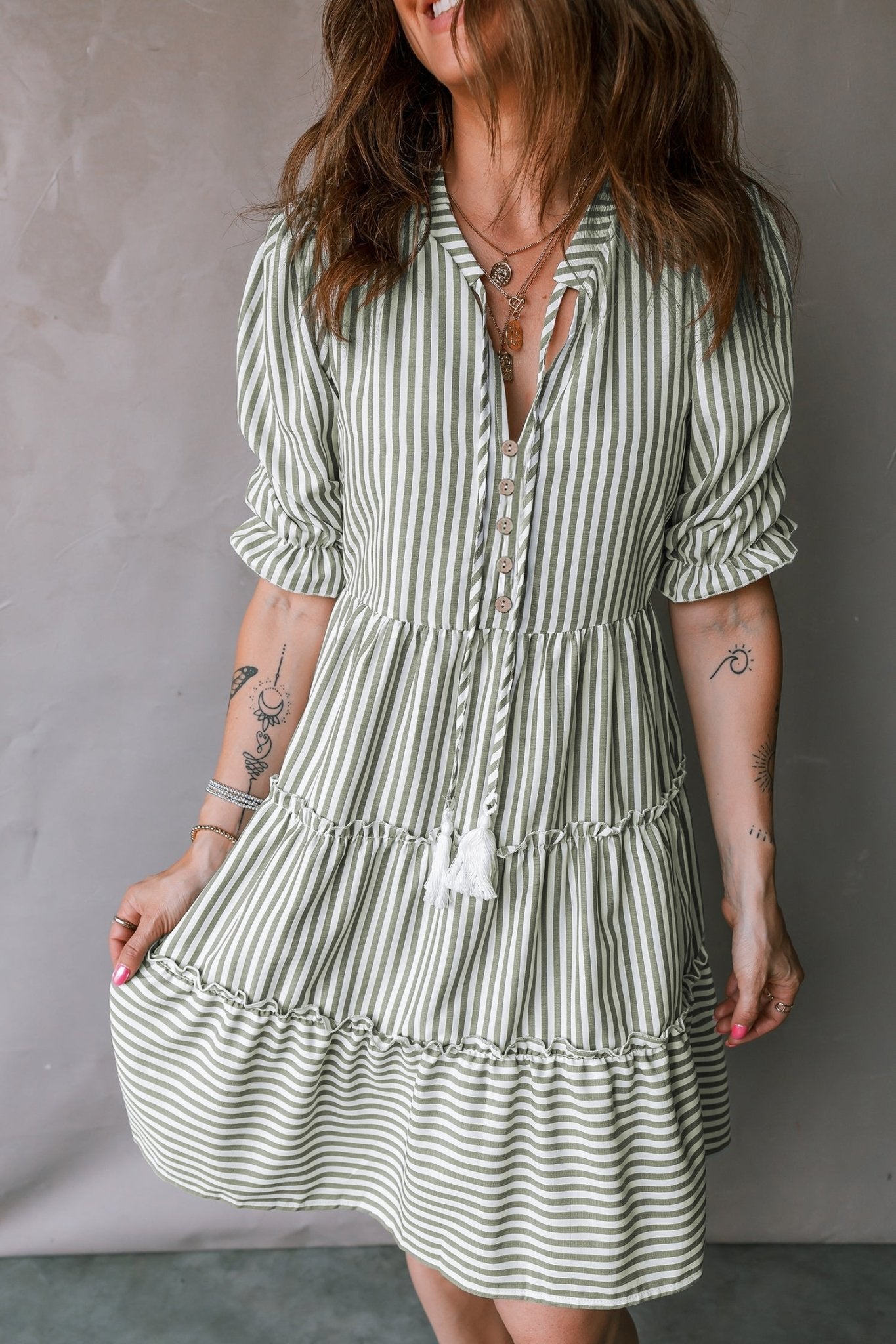 Stripe Tassel Tie-Neck Ruffle Tiered Dress - Rooted & Reckless Co.