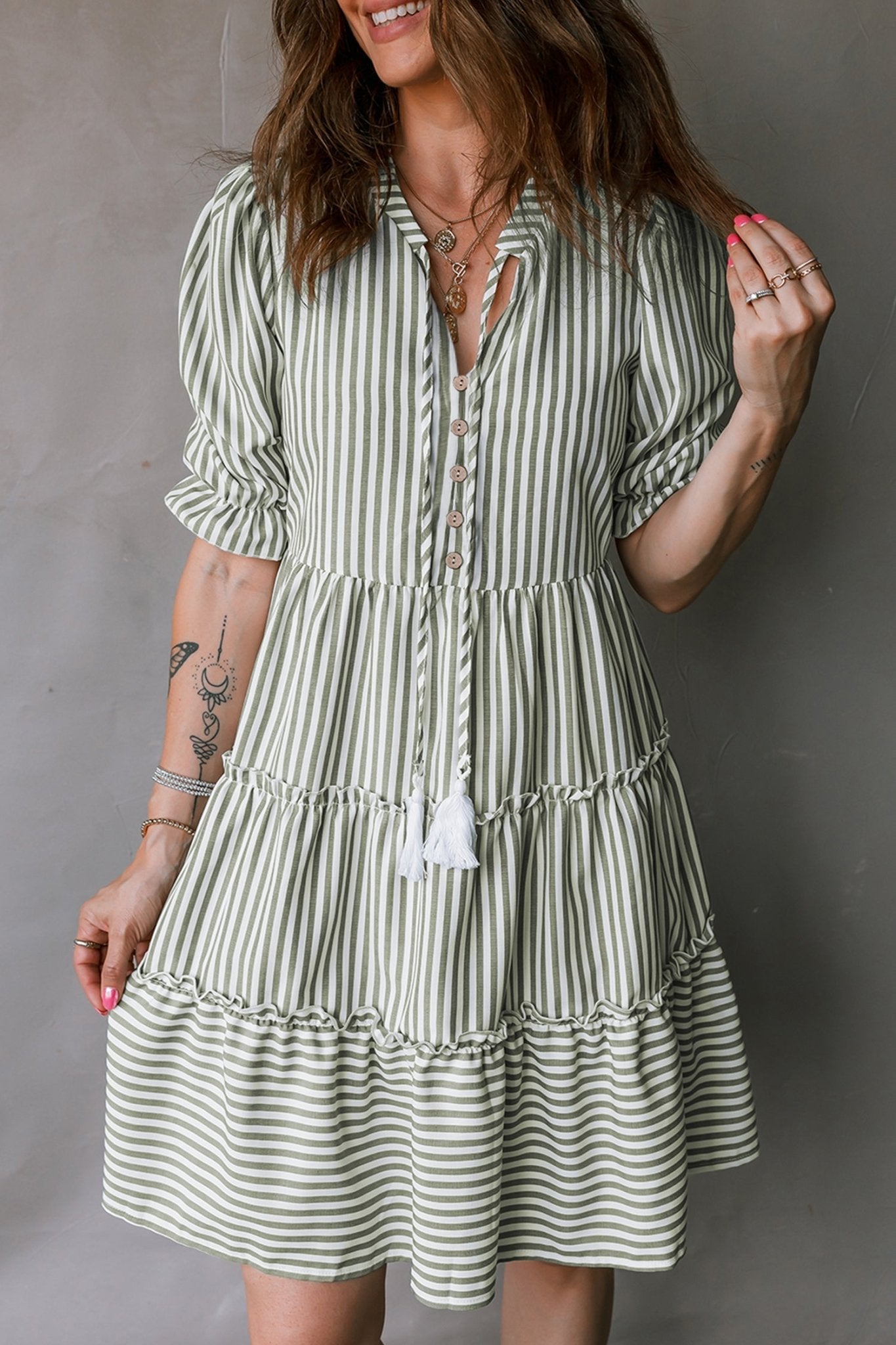 Stripe Tassel Tie-Neck Ruffle Tiered Dress - Rooted & Reckless Co.