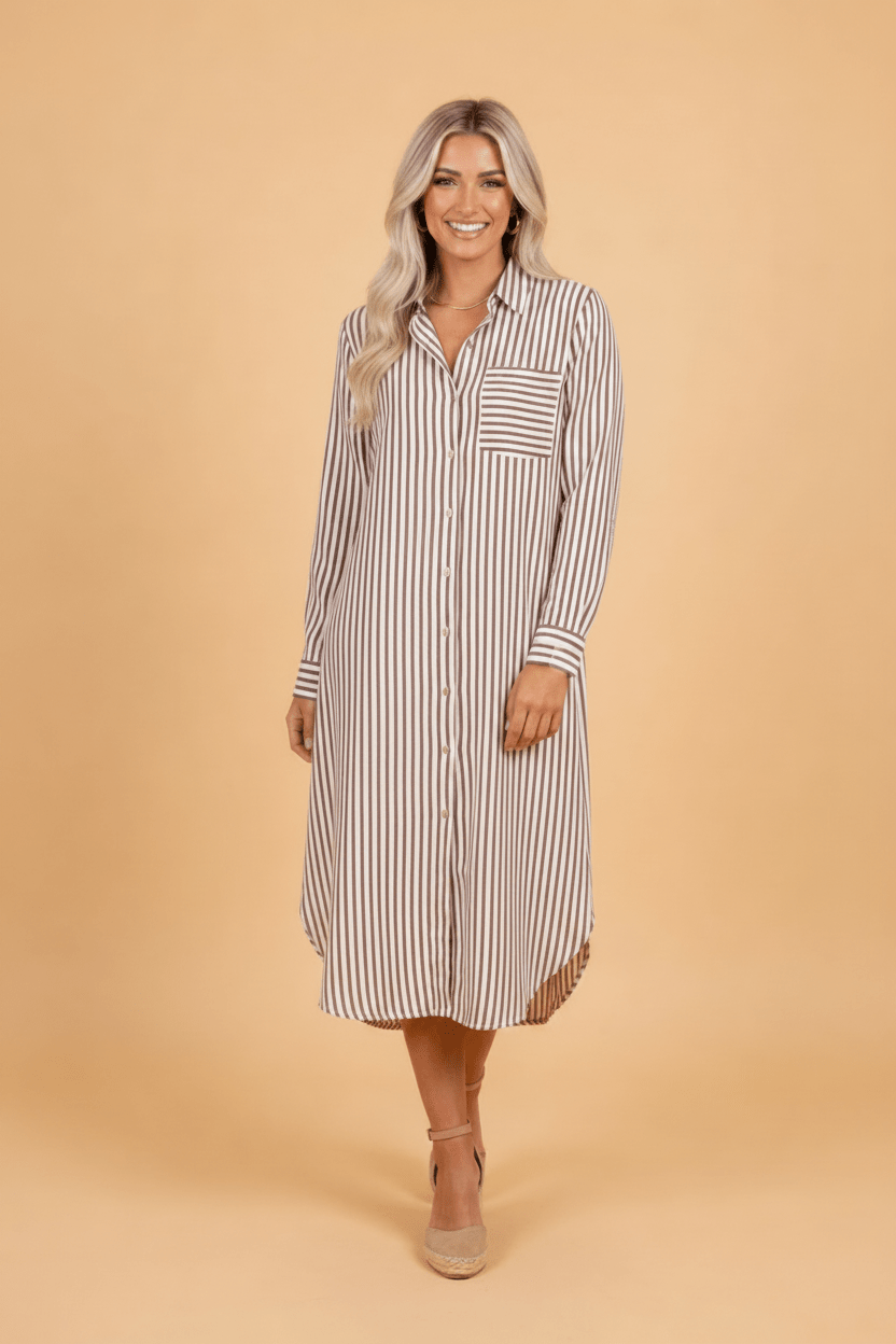 Stripe Textured 3/4 Sleeve Split Hem Midi Dress - Rooted & Reckless Co.